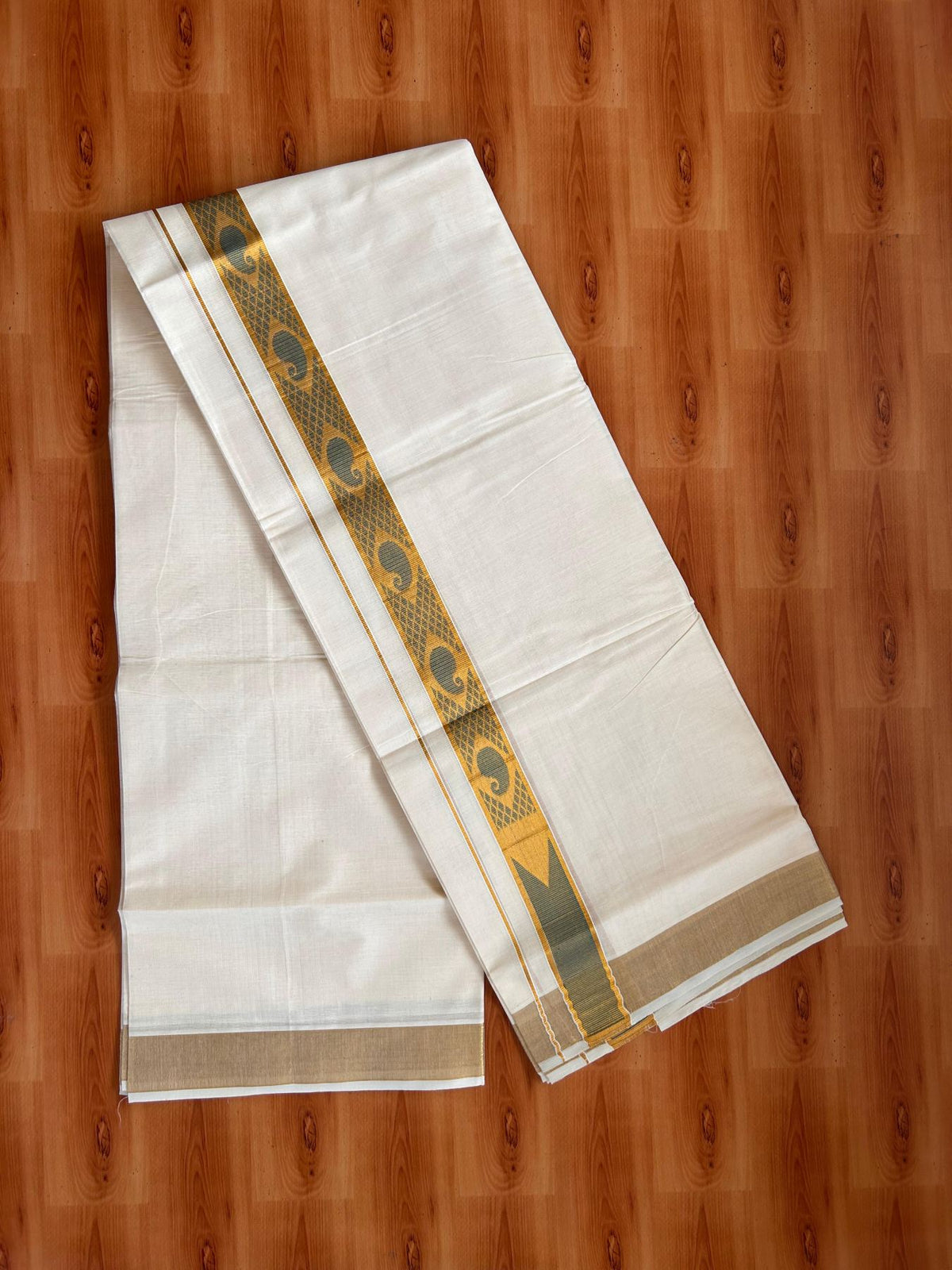 Double Off White (Unbleached) Mund/Dhoti - 20% Discount! KaithariKada Mixed Cotton - 60s - 1.5 inch Peacock Green Gold Kasav Jacquard Design Chutty Kara 4 mtr (8.5 Muzham) - 4 KK5520 PMC