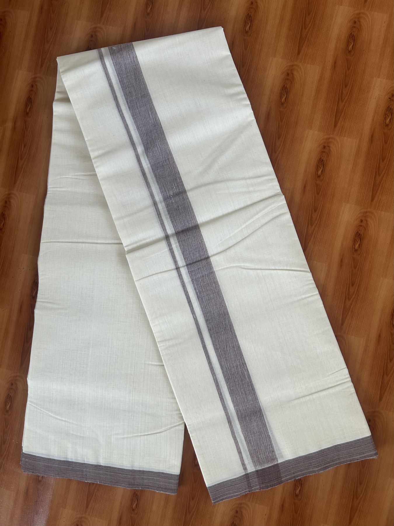 25% Discount! KaithariKada Handloom Millpaav - Kerala Handloom - Cotton Double Mundu/Dhoti Off white (Unbleached) - 80x90 - 1.25 inch Light Lavander & Black Shaded Stripes Kara 3.80 meter (8 Muzham) - 33 KK5383 RAM