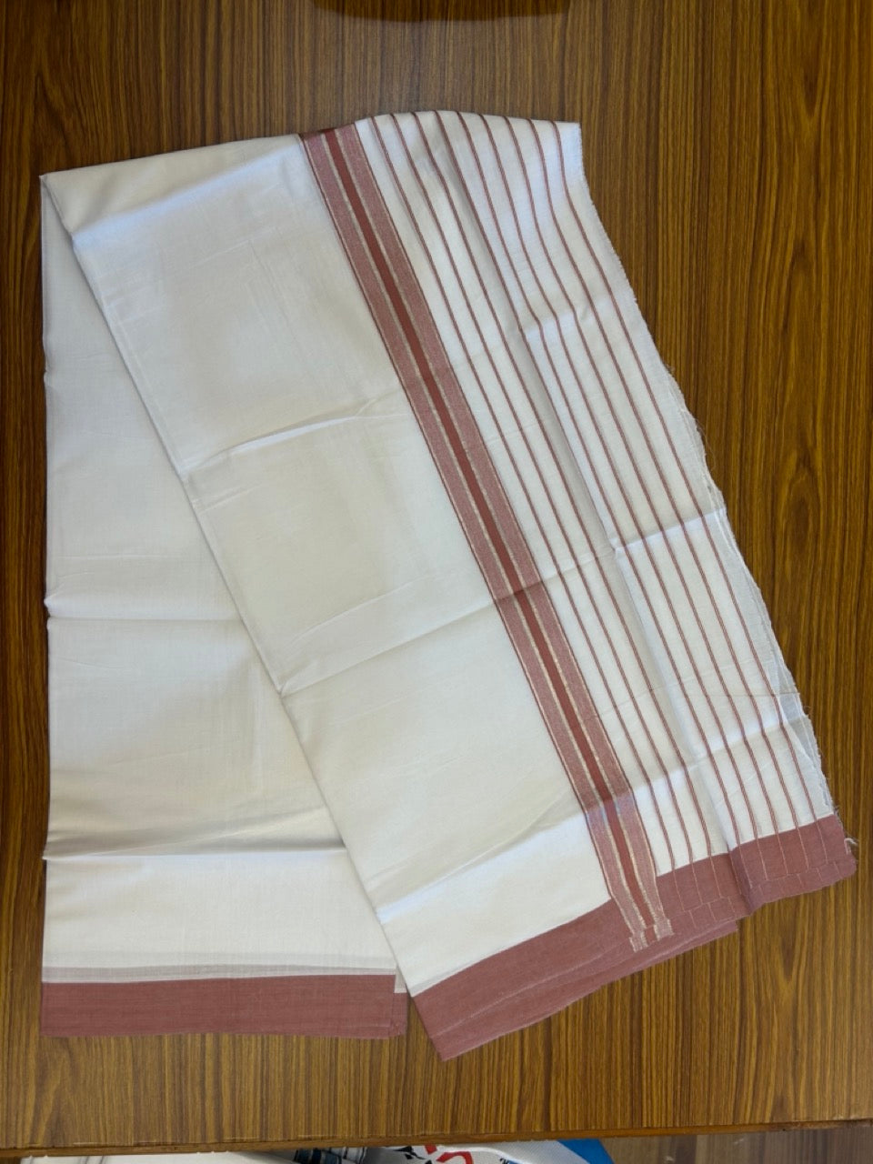 20% Discount ! KaithariKada Balaramapuram 100% Cotton Double Pure White Mundu/Dhoti - 100X80 - 6.5 inch Silver Kasav & Dusty Rose Stripes kara 3.90 mtr (8 muzham) - 12 KK5305 PMC