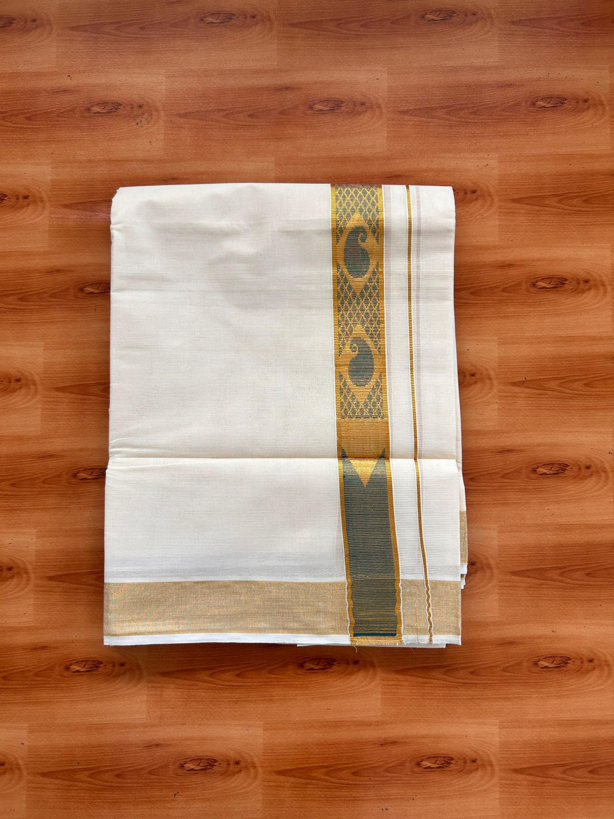 Double Off White (Unbleached) Mund/Dhoti - 20% Discount! KaithariKada Mixed Cotton - 60s - 1.5 inch Peacock Green Gold Kasav Jacquard Design Chutty Kara 4 mtr (8.5 Muzham) - 4 KK5520 PMC