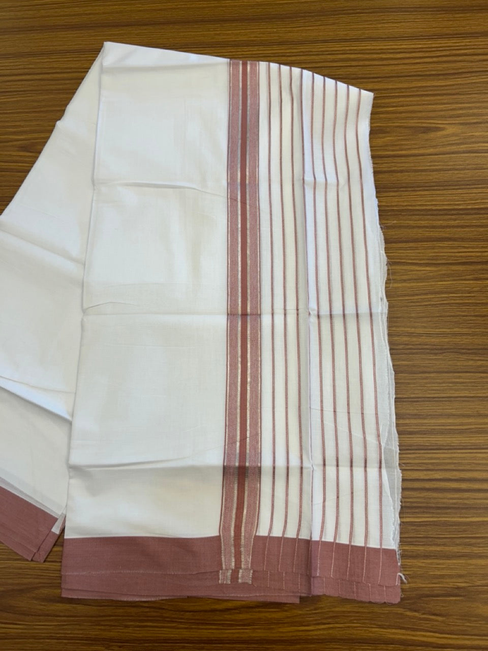 20% Discount ! KaithariKada Balaramapuram 100% Cotton Double Pure White Mundu/Dhoti - 100X80 - 6.5 inch Silver Kasav & Dusty Rose Stripes kara 3.90 mtr (8 muzham) - 12 KK5305 PMC