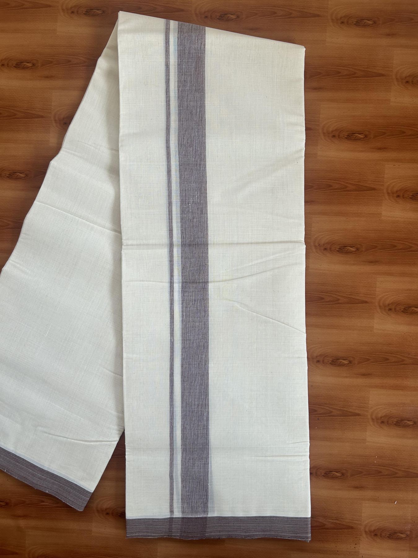 25% Discount! KaithariKada Handloom Millpaav - Kerala Handloom - Cotton Double Mundu/Dhoti Off white (Unbleached) - 80x90 - 1.25 inch Light Lavander & Black Shaded Stripes Kara 3.80 meter (8 Muzham) - 33 KK5383 RAM