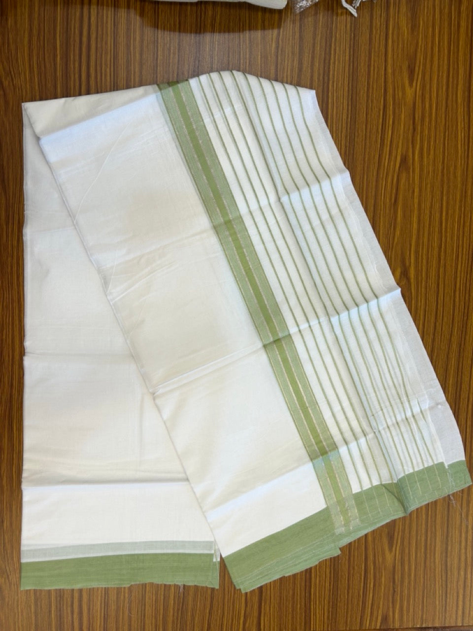 20% Discount ! KaithariKada Balaramapuram 100% Cotton Double Pure White Mundu/Dhoti - 100X80 - 6.5 inch Silver Kasav & Light Green Stripes kara 3.90 mtr (8 muzham) - 13 KK5305 PMC