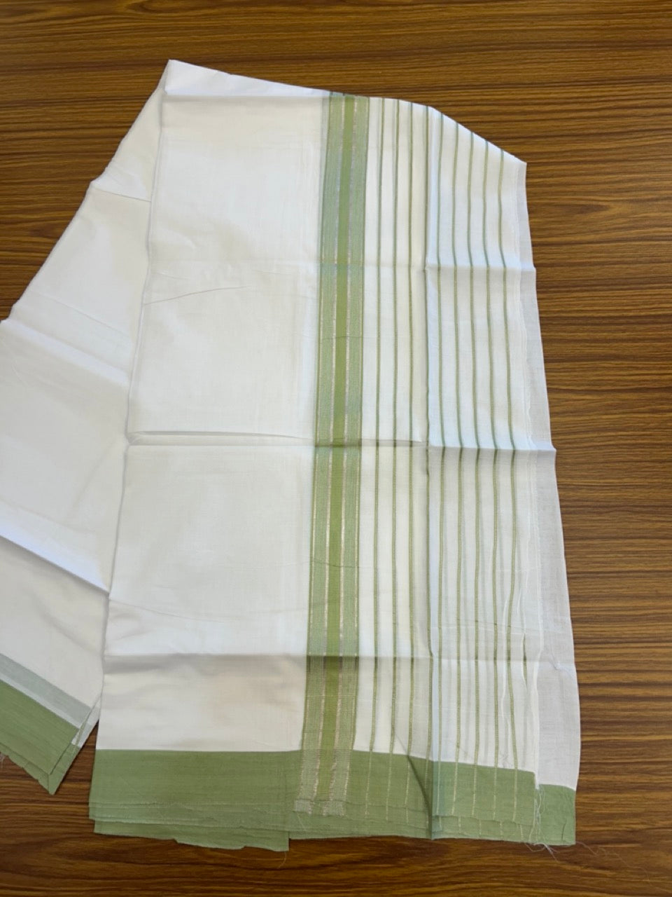20% Discount ! KaithariKada Balaramapuram 100% Cotton Double Pure White Mundu/Dhoti - 100X80 - 6.5 inch Silver Kasav & Light Green Stripes kara 3.90 mtr (8 muzham) - 13 KK5305 PMC