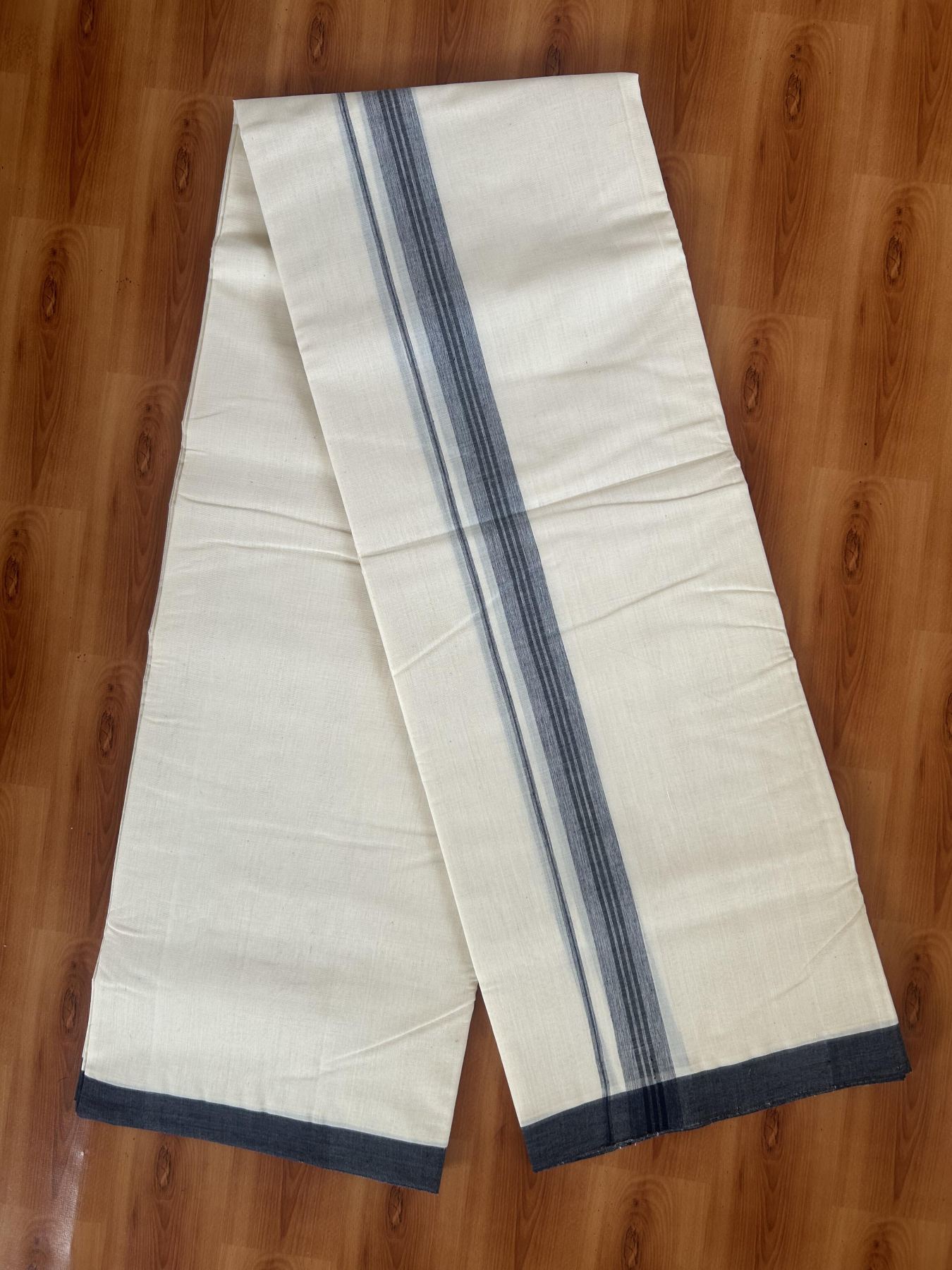 25% Discount! KaithariKada Handloom Millpaav - Kerala Handloom - Cotton Double Mundu/Dhoti Off white (Unbleached) - 80x90 - 1.25 inch Navy Blue Shaded Stripes Kara 3.60 meter (8 Muzham) - 13 KK5383 RAM