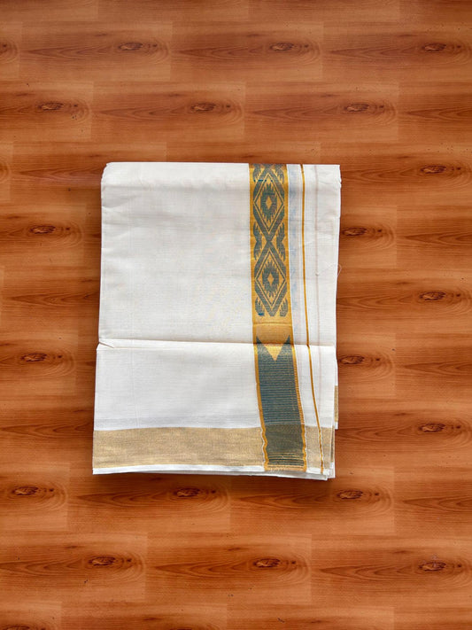 Double Off White (Unbleached) Mund/Dhoti - 20% Discount! KaithariKada Mixed Cotton - 60s - 1.5 inch Peacock Green Gold Kasav Jacquard Design Chutty Kara 4 mtr (8.5 Muzham) - 5 KK5520 PMC