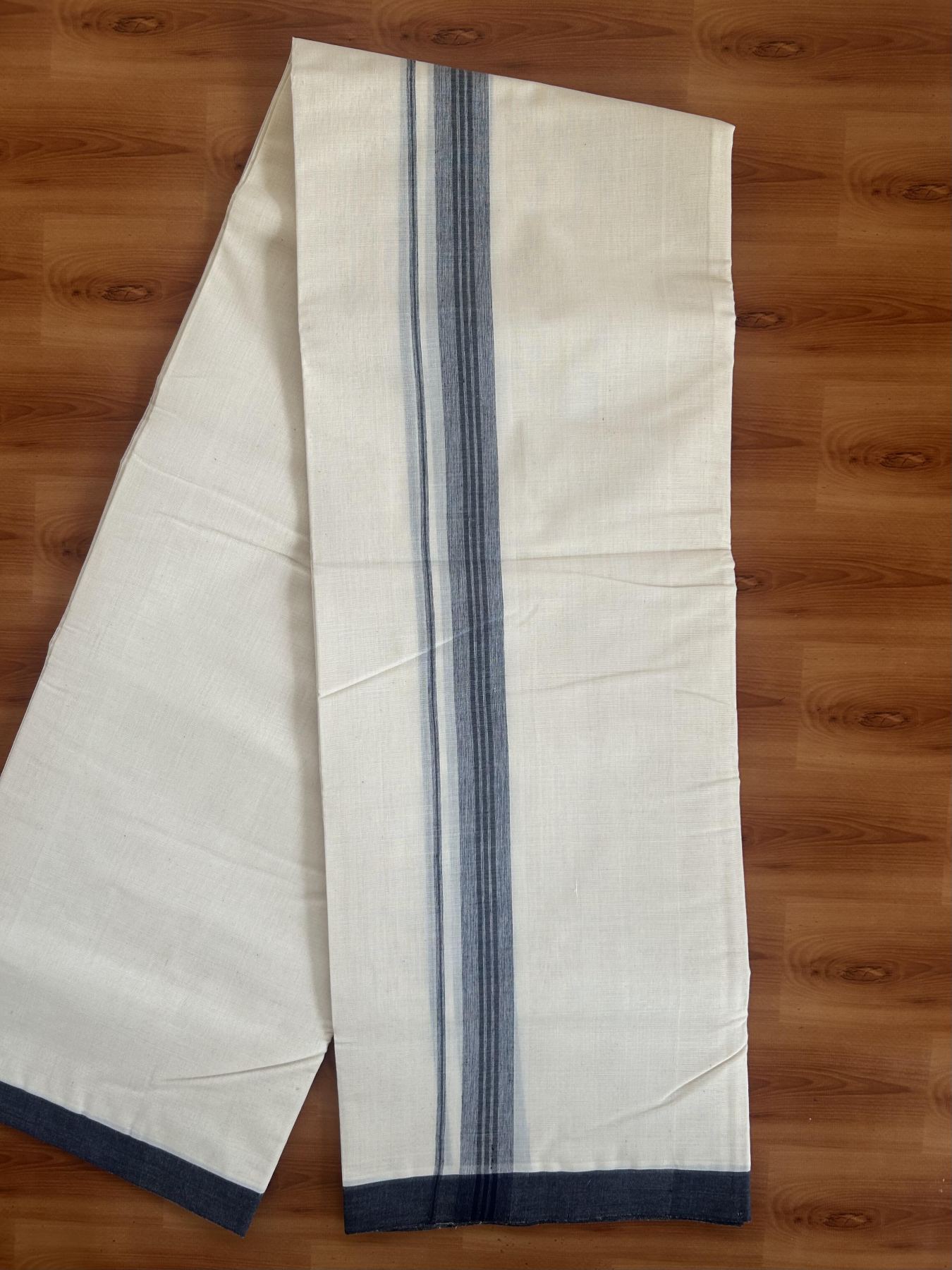 25% Discount! KaithariKada Handloom Millpaav - Kerala Handloom - Cotton Double Mundu/Dhoti Off white (Unbleached) - 80x90 - 1.25 inch Navy Blue Shaded Stripes Kara 3.60 meter (8 Muzham) - 13 KK5383 RAM
