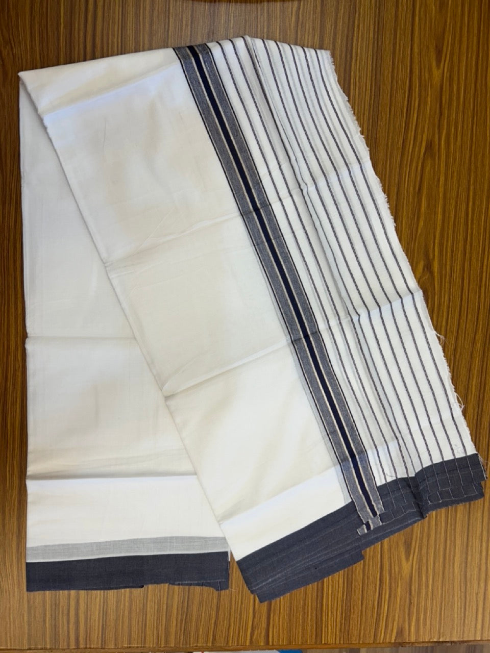 20% Discount ! KaithariKada Balaramapuram 100% Cotton Double Pure White Mundu/Dhoti - 100X80 - 6.5 inch Silver Kasav & Navy Blue Stripes kara 3.90 mtr (8 muzham) - 14 KK5305 PMC