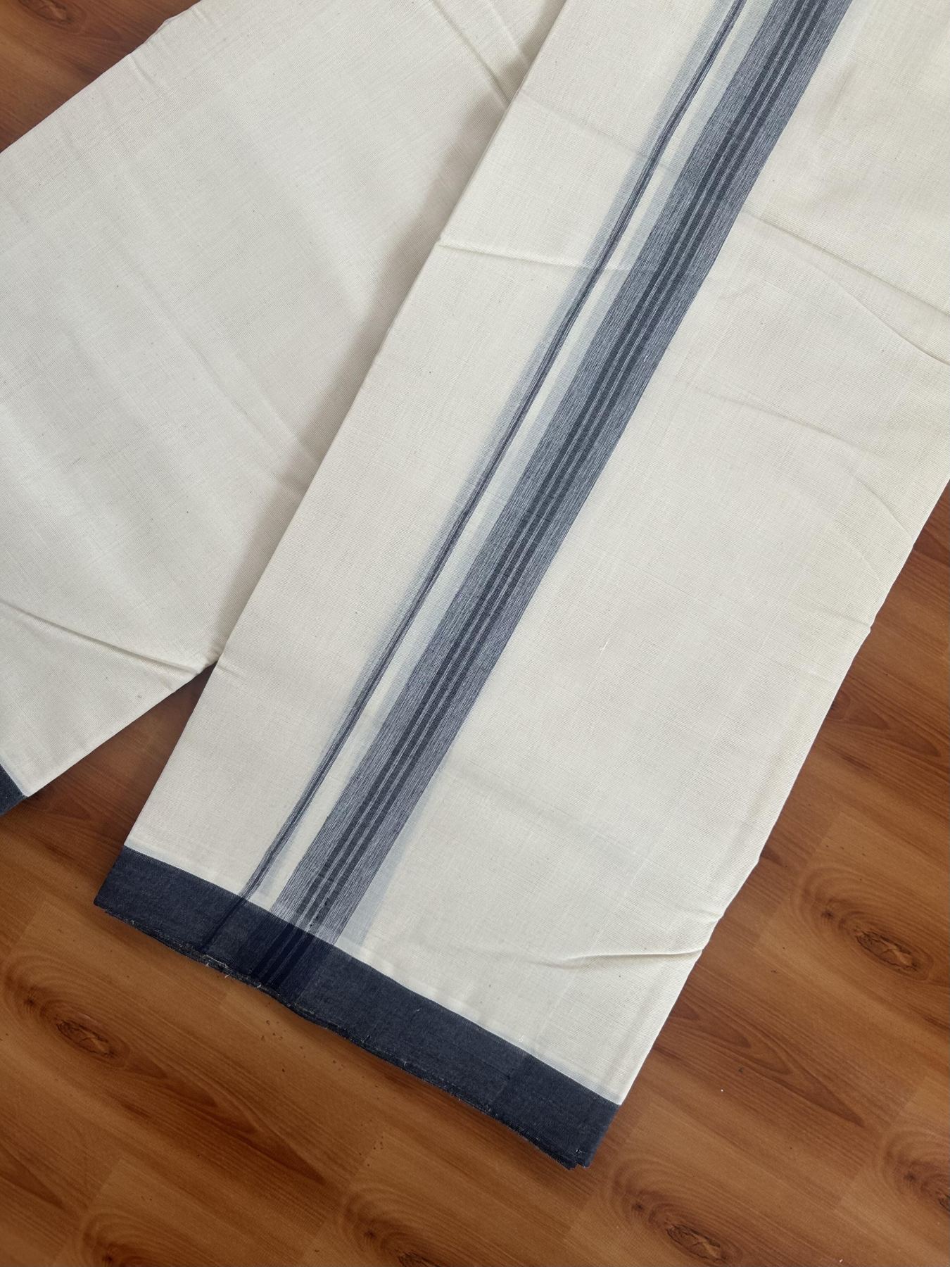 25% Discount! KaithariKada Handloom Millpaav - Kerala Handloom - Cotton Double Mundu/Dhoti Off white (Unbleached) - 80x90 - 1.25 inch Navy Blue Shaded Stripes Kara 3.60 meter (8 Muzham) - 13 KK5383 RAM