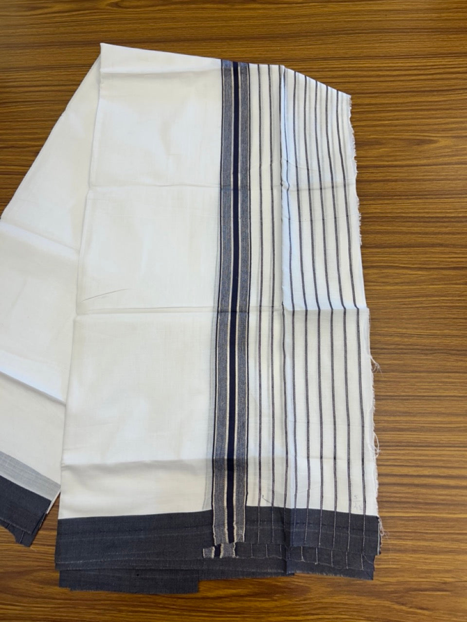 20% Discount ! KaithariKada Balaramapuram 100% Cotton Double Pure White Mundu/Dhoti - 100X80 - 6.5 inch Silver Kasav & Navy Blue Stripes kara 3.90 mtr (8 muzham) - 14 KK5305 PMC