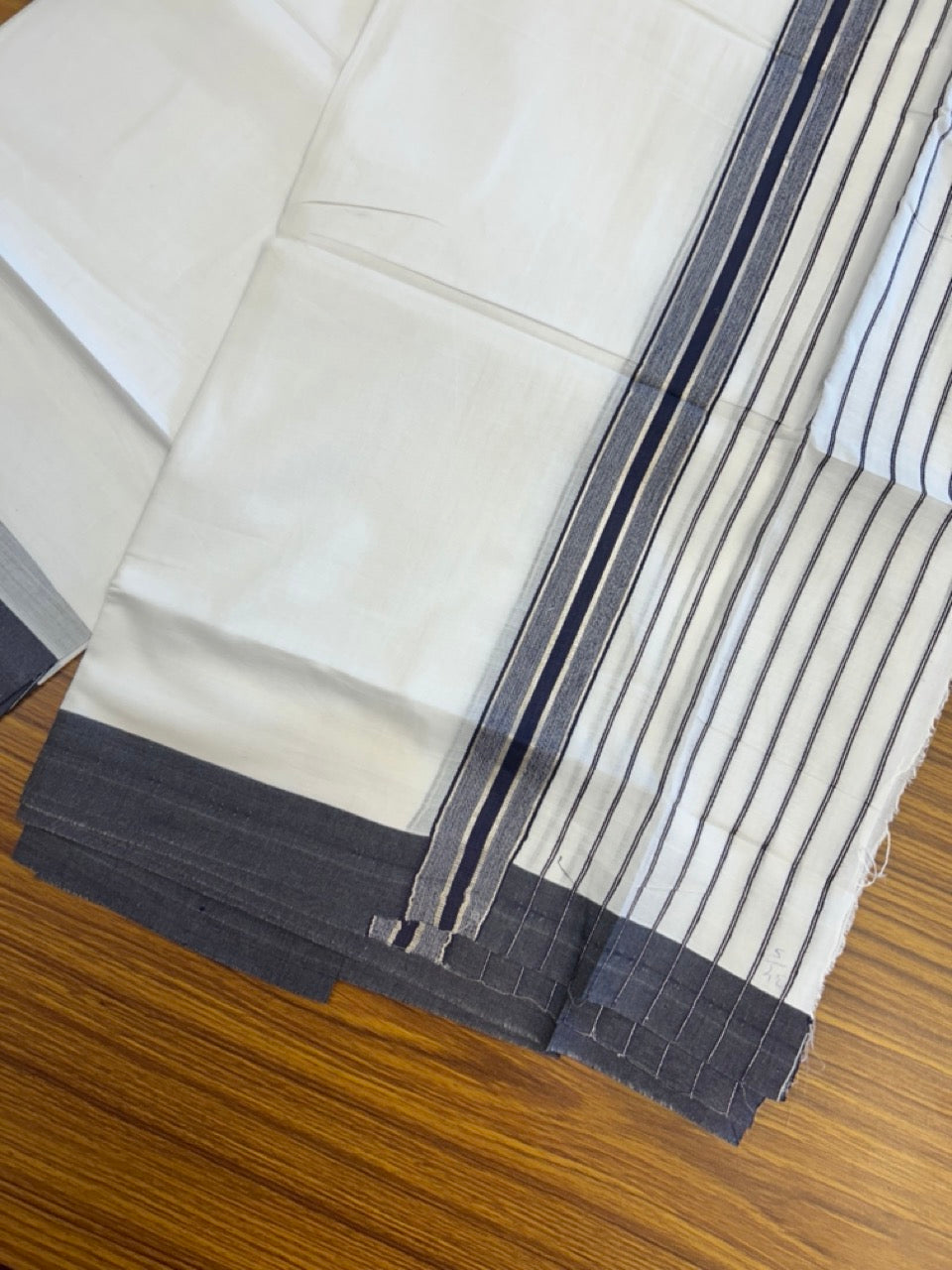 20% Discount ! KaithariKada Balaramapuram 100% Cotton Double Pure White Mundu/Dhoti - 100X80 - 6.5 inch Silver Kasav & Navy Blue Stripes kara 3.90 mtr (8 muzham) - 14 KK5305 PMC