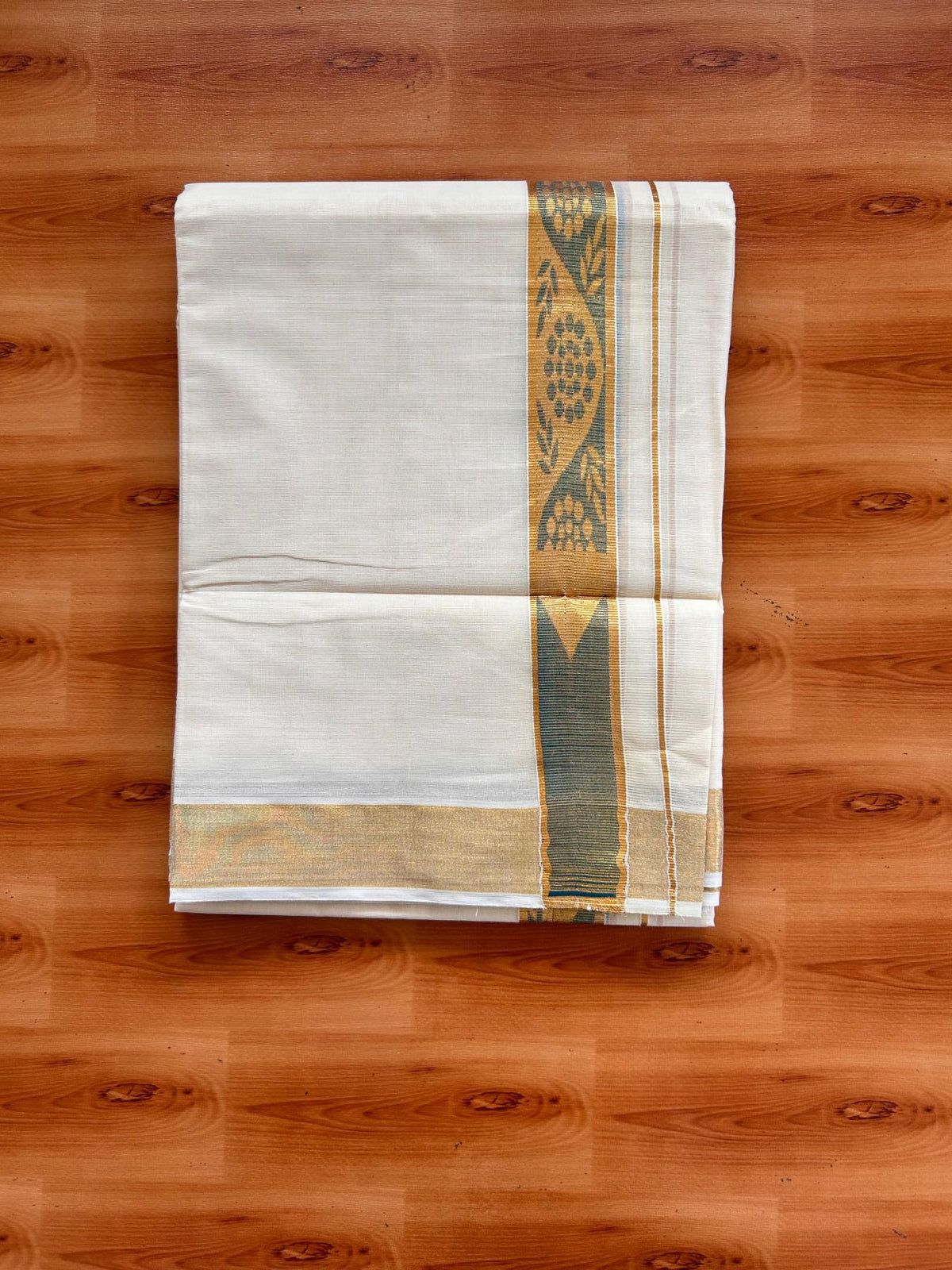 Double Off White (Unbleached) Mund/Dhoti - 20% Discount! KaithariKada Mixed Cotton - 60s - 1.5 inch Peacock Green Gold Kasav Jacquard Design Chutty Kara 4 mtr (8.5 Muzham) - 6 KK5520 PMC