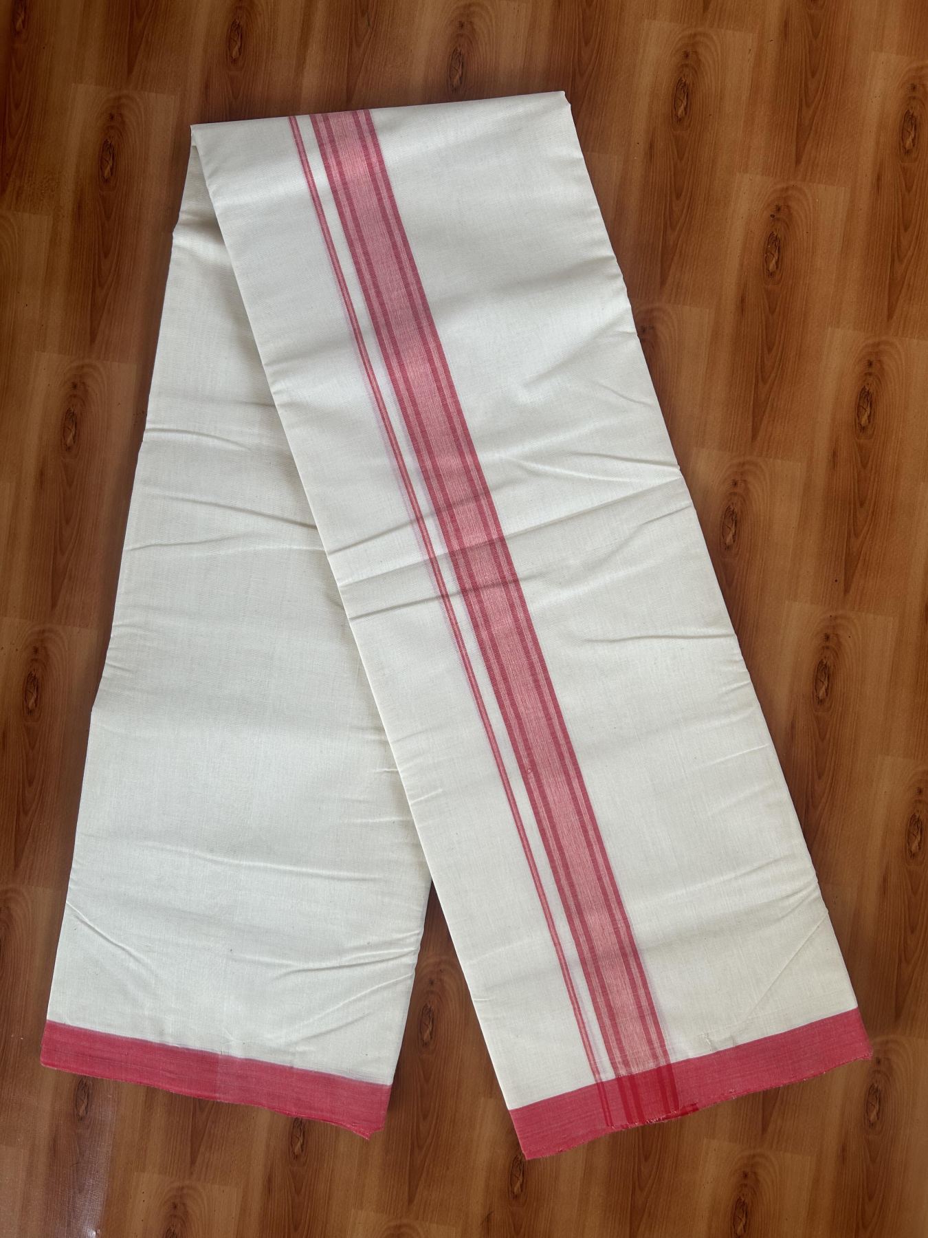 25% Discount! KaithariKada Handloom Millpaav - Kerala Handloom - Cotton Double Mundu/Dhoti Off white (Unbleached) - 80x90 - 1.25 inch Bright Red Shaded Stripes Kara 4.00 meter (8.5 Muzham) - 24 KK5383 RAM