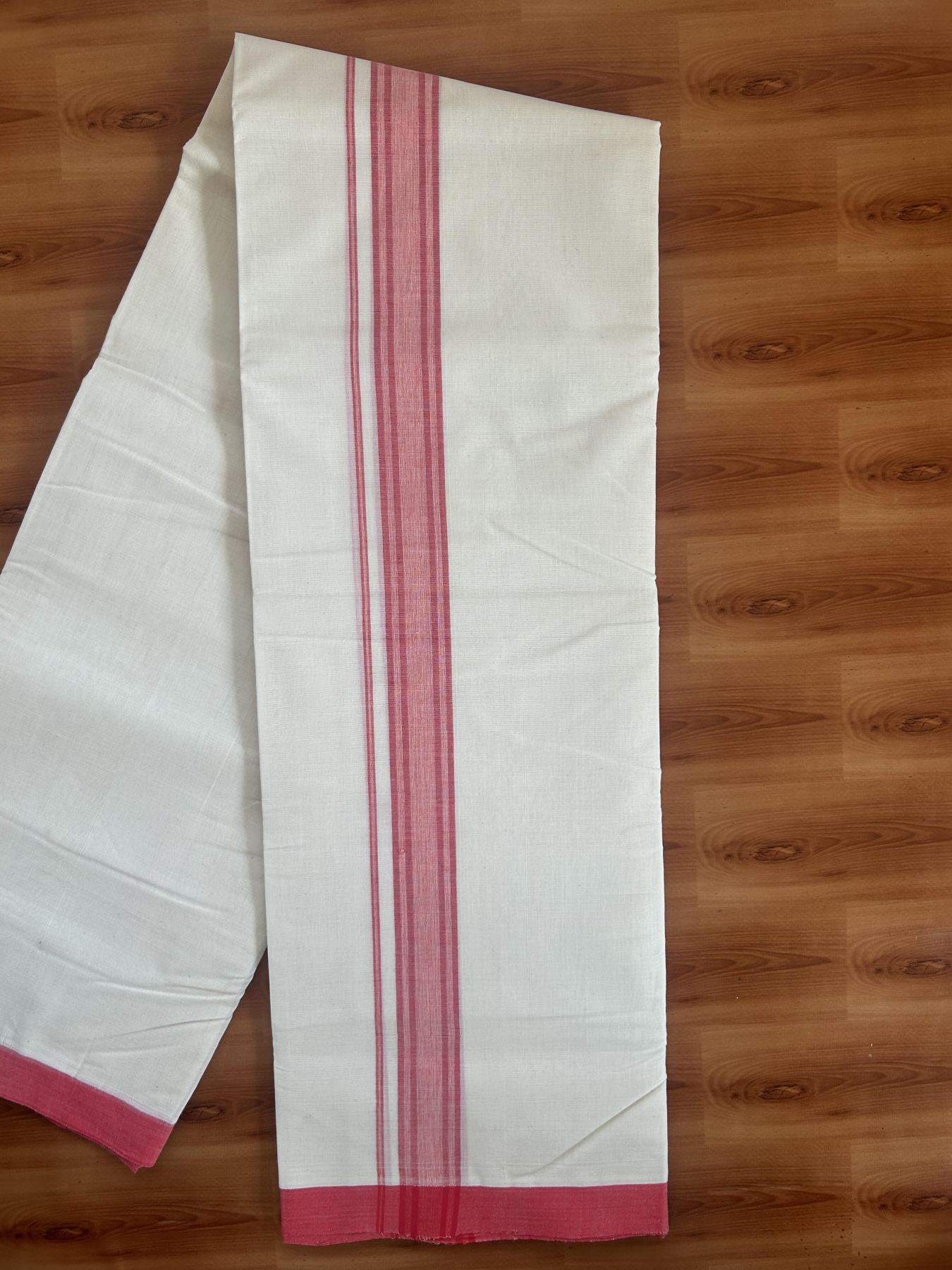 25% Discount! KaithariKada Handloom Millpaav - Kerala Handloom - Cotton Double Mundu/Dhoti Off white (Unbleached) - 80x90 - 1.25 inch Bright Red Shaded Stripes Kara 4.00 meter (8.5 Muzham) - 24 KK5383 RAM