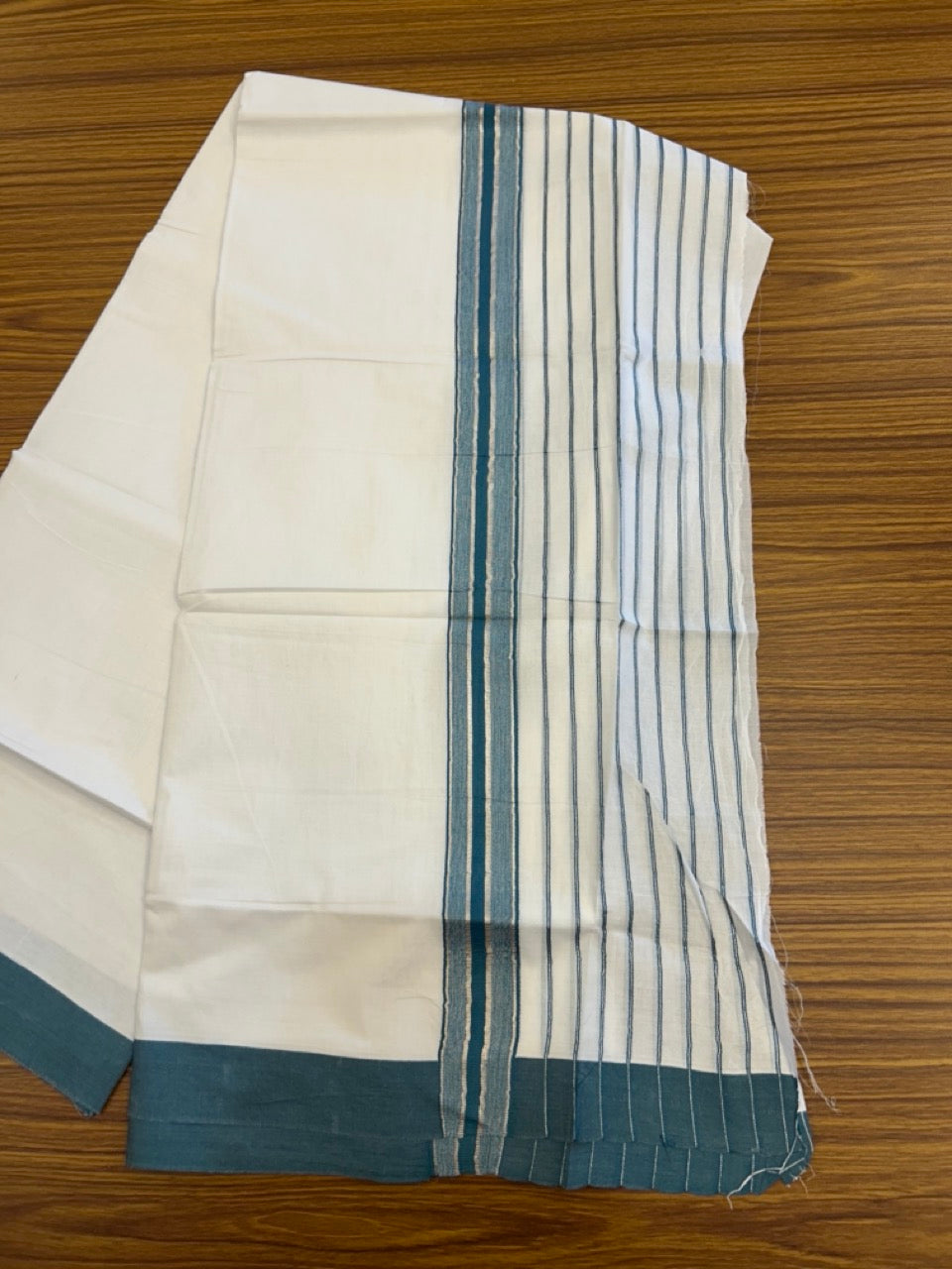 20% Discount ! KaithariKada Balaramapuram 100% Cotton Double Pure White Mundu/Dhoti - 100X80 - 6.5 inch Silver Kasav & Peacock Blue Stripes kara 3.90 mtr (8 muzham) - 15 KK5305 PMC