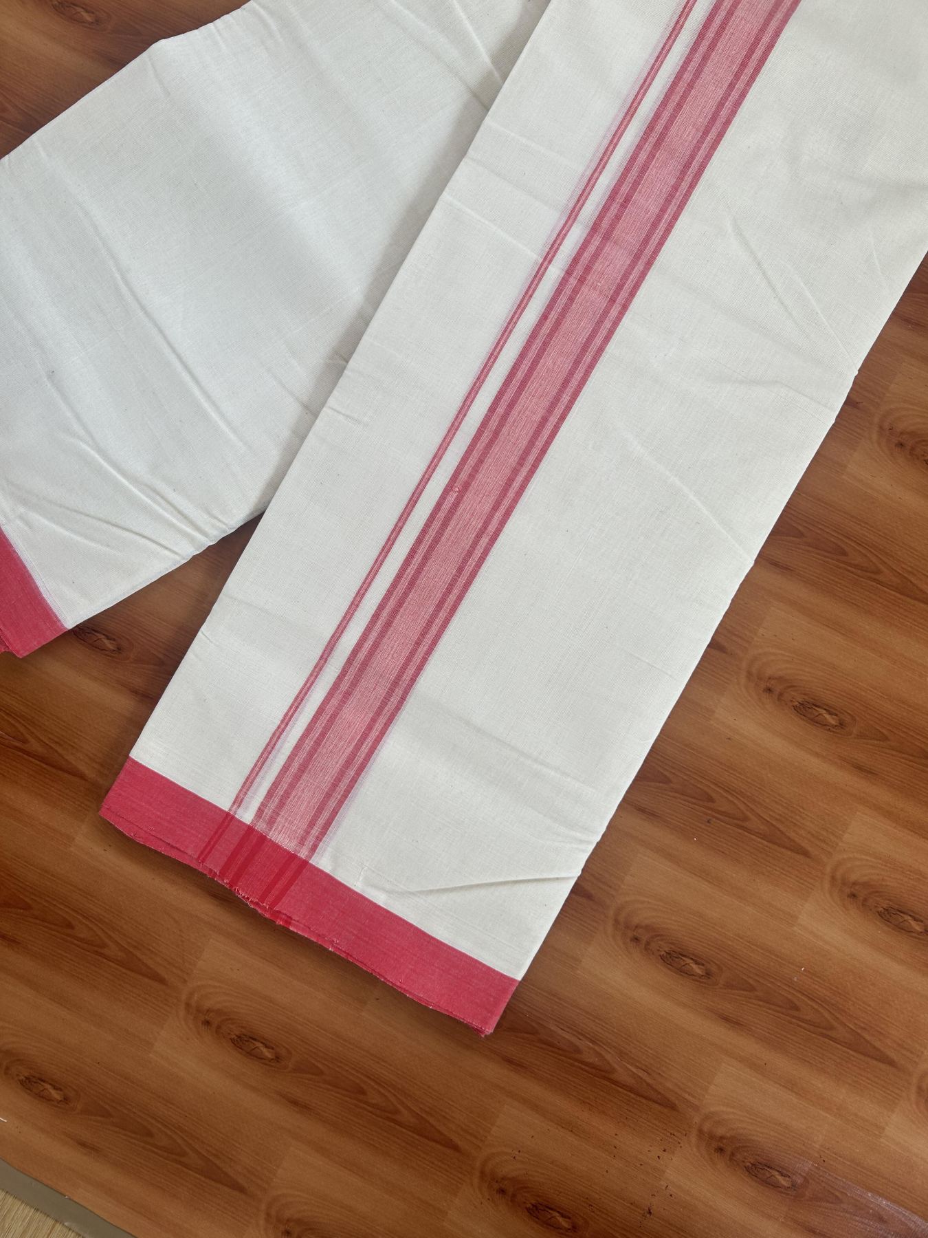 25% Discount! KaithariKada Handloom Millpaav - Kerala Handloom - Cotton Double Mundu/Dhoti Off white (Unbleached) - 80x90 - 1.25 inch Bright Red Shaded Stripes Kara 4.00 meter (8.5 Muzham) - 24 KK5383 RAM