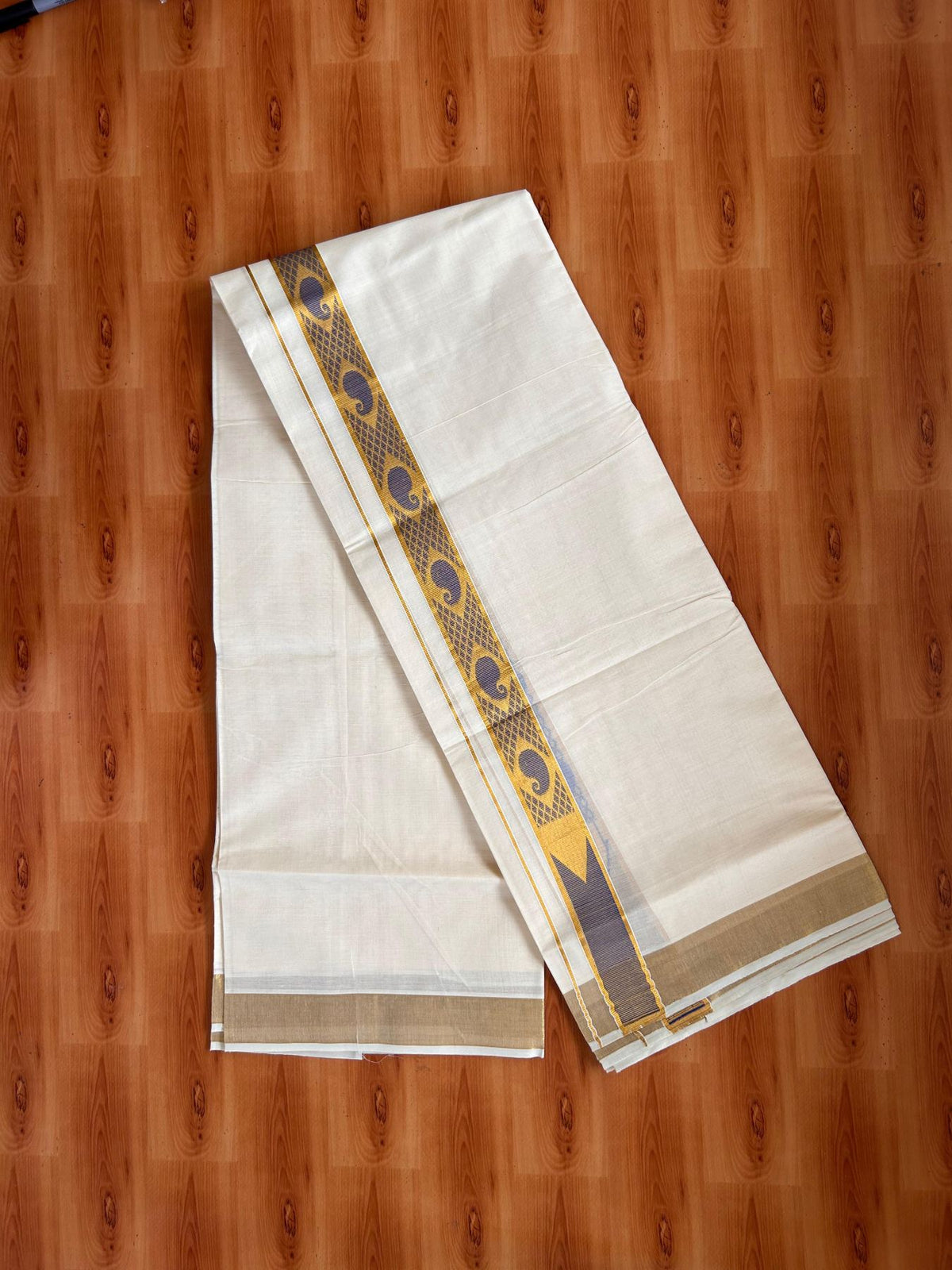 Double Off White (Unbleached) Mund/Dhoti - 20% Discount! KaithariKada Mixed Cotton - 60s - 1.5 inch Dark Blue Gold Kasav Jacquard Design Chutty Kara 4 mtr (8.5 Muzham) - 7 KK5520 PMC