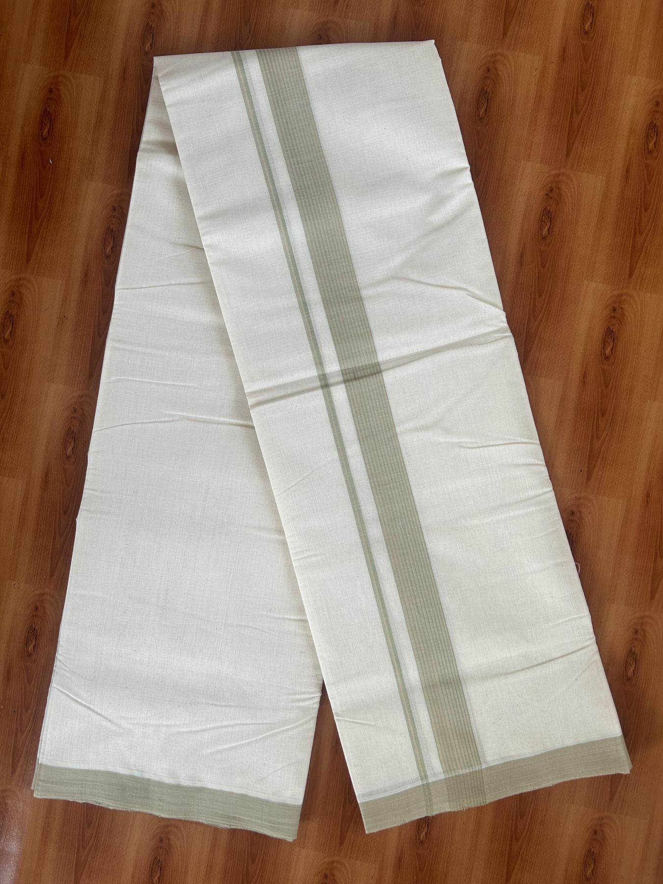 25% Discount! KaithariKada Handloom Millpaav - Kerala Handloom - Cotton Double Mundu/Dhoti Off white (Unbleached) - 80x90 - 1.5 inch Light Peach & Pista Green Shaded Stripes Kara 3.60 meter (8 Muzham) - 16 KK5383 RAM