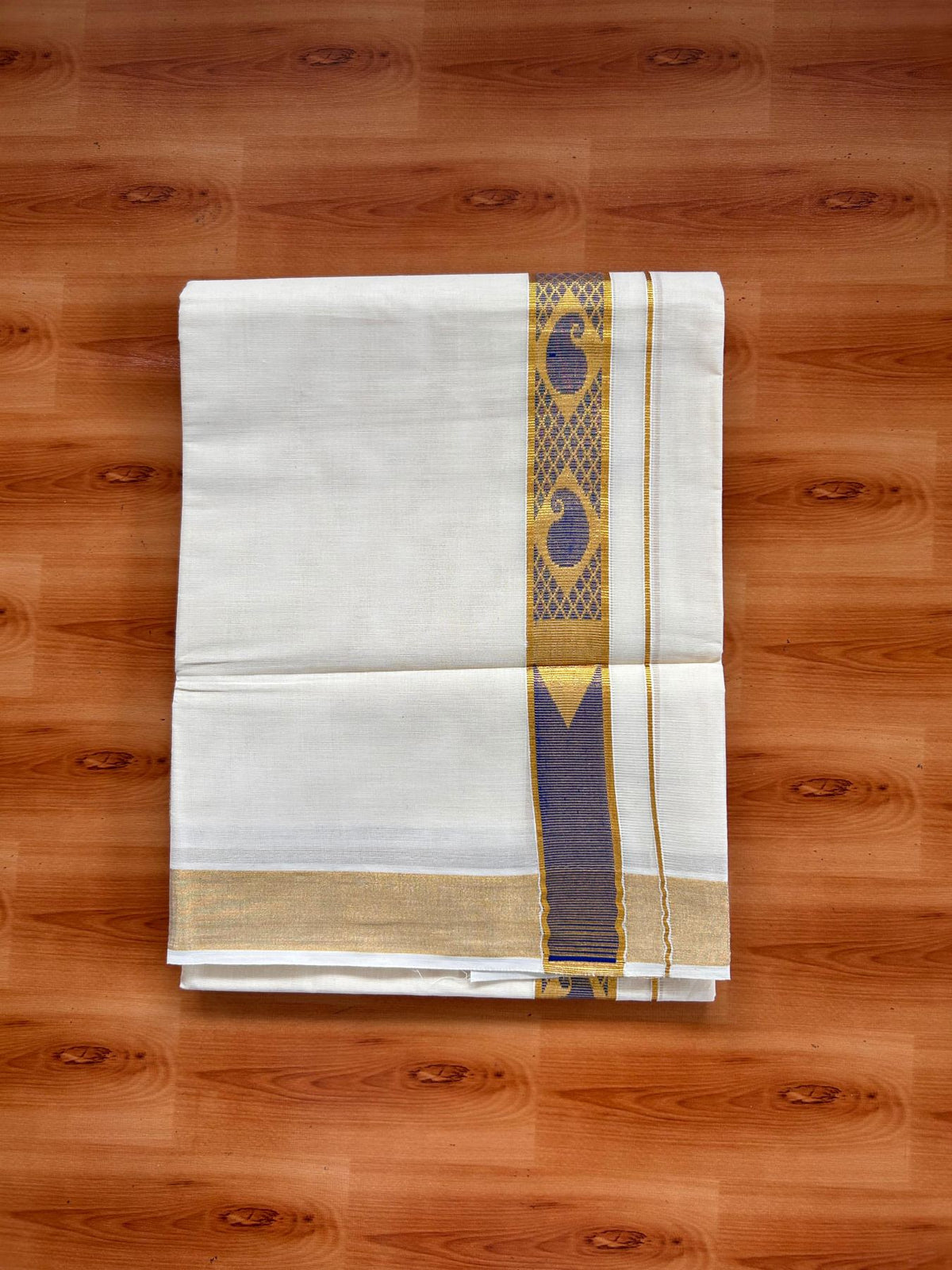 Double Off White (Unbleached) Mund/Dhoti - 20% Discount! KaithariKada Mixed Cotton - 60s - 1.5 inch Dark Blue Gold Kasav Jacquard Design Chutty Kara 4 mtr (8.5 Muzham) - 7 KK5520 PMC
