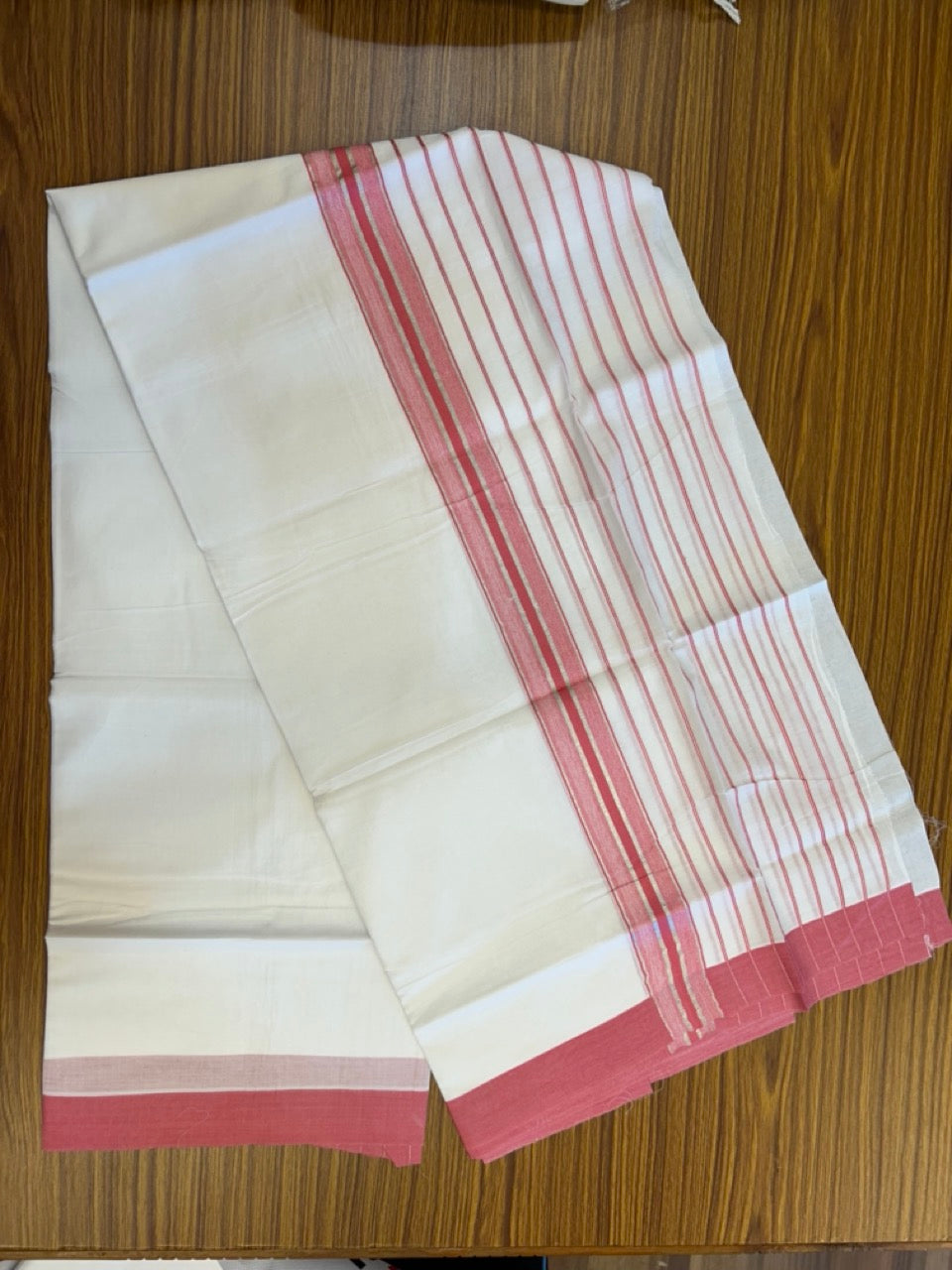 20% Discount ! KaithariKada Balaramapuram 100% Cotton Double Pure White Mundu/Dhoti - 100X80 - 6.5 inch Silver Kasav & Pink Stripes kara 3.90 mtr (8 muzham) - 17 KK5305 PMC