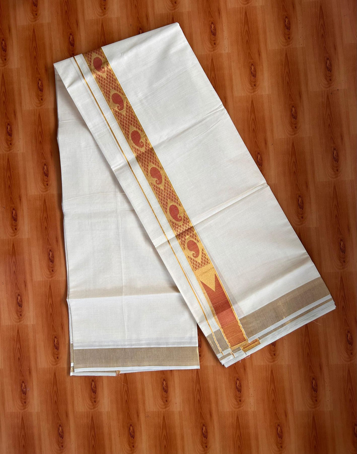 Double Off White (Unbleached) Mund/Dhoti - 20% Discount! KaithariKada Mixed Cotton - 60s - 1.5 inch Bright Red Gold Kasav Jacquard Design Chutty Kara 4 mtr (8.5 Muzham) - 8 KK5520 PMC