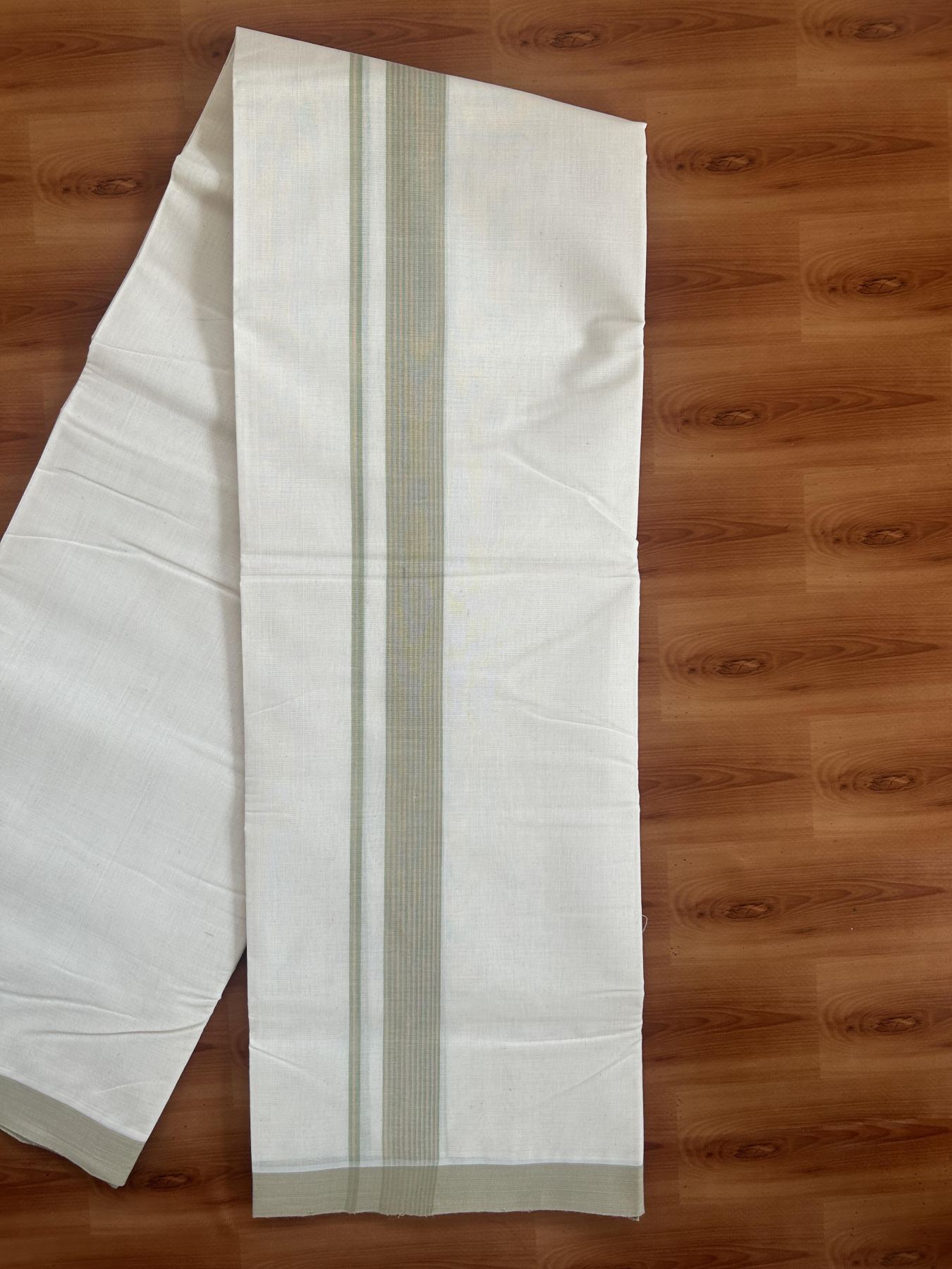 25% Discount! KaithariKada Handloom Millpaav - Kerala Handloom - Cotton Double Mundu/Dhoti Off white (Unbleached) - 80x90 - 1.5 inch Light Peach & Pista Green Shaded Stripes Kara 3.60 meter (8 Muzham) - 16 KK5383 RAM
