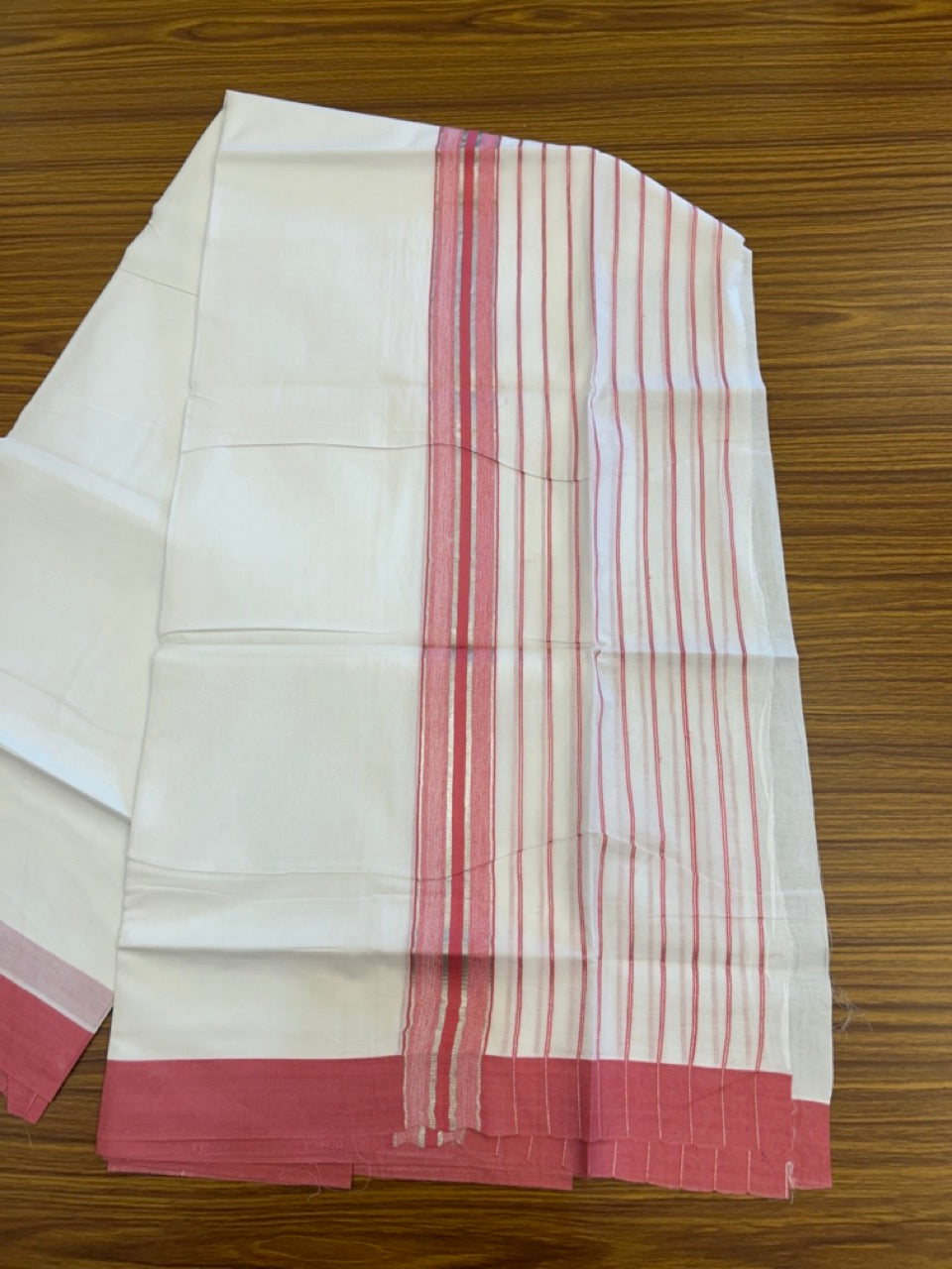 20% Discount ! KaithariKada Balaramapuram 100% Cotton Double Pure White Mundu/Dhoti - 100X80 - 6.5 inch Silver Kasav & Pink Stripes kara 3.90 mtr (8 muzham) - 17 KK5305 PMC
