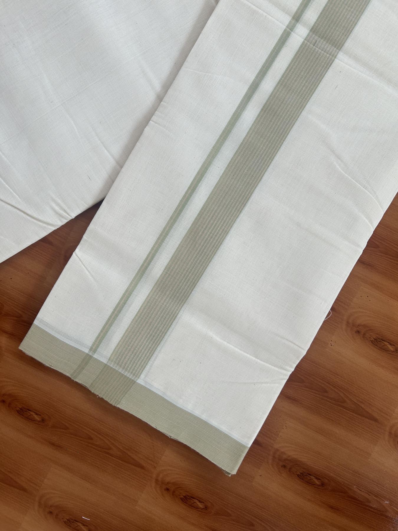 25% Discount! KaithariKada Handloom Millpaav - Kerala Handloom - Cotton Double Mundu/Dhoti Off white (Unbleached) - 80x90 - 1.5 inch Light Peach & Pista Green Shaded Stripes Kara 3.60 meter (8 Muzham) - 16 KK5383 RAM