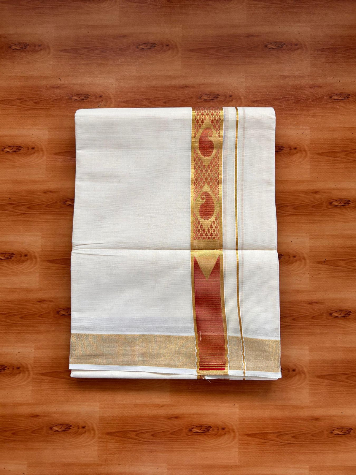 Double Off White (Unbleached) Mund/Dhoti - 20% Discount! KaithariKada Mixed Cotton - 60s - 1.5 inch Bright Red Gold Kasav Jacquard Design Chutty Kara 4 mtr (8.5 Muzham) - 8 KK5520 PMC