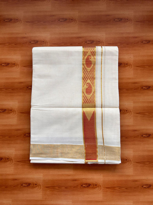 Double Off White (Unbleached) Mund/Dhoti - 20% Discount! KaithariKada Mixed Cotton - 60s - 1.5 inch Bright Red Gold Kasav Jacquard Design Chutty Kara 4 mtr (8.5 Muzham) - 8 KK5520 PMC