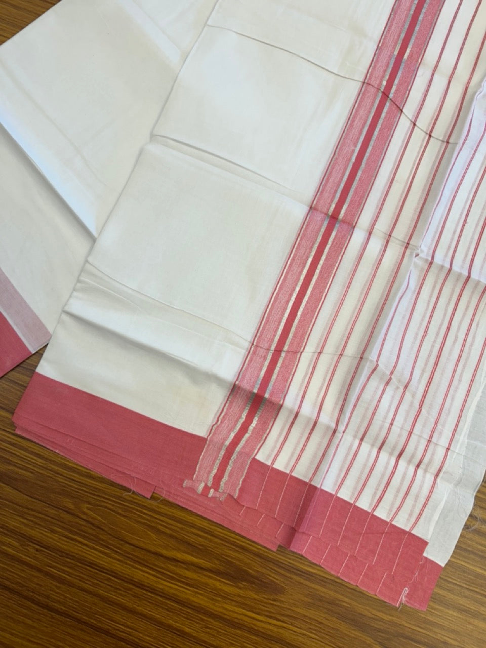 20% Discount ! KaithariKada Balaramapuram 100% Cotton Double Pure White Mundu/Dhoti - 100X80 - 6.5 inch Silver Kasav & Pink Stripes kara 3.90 mtr (8 muzham) - 17 KK5305 PMC