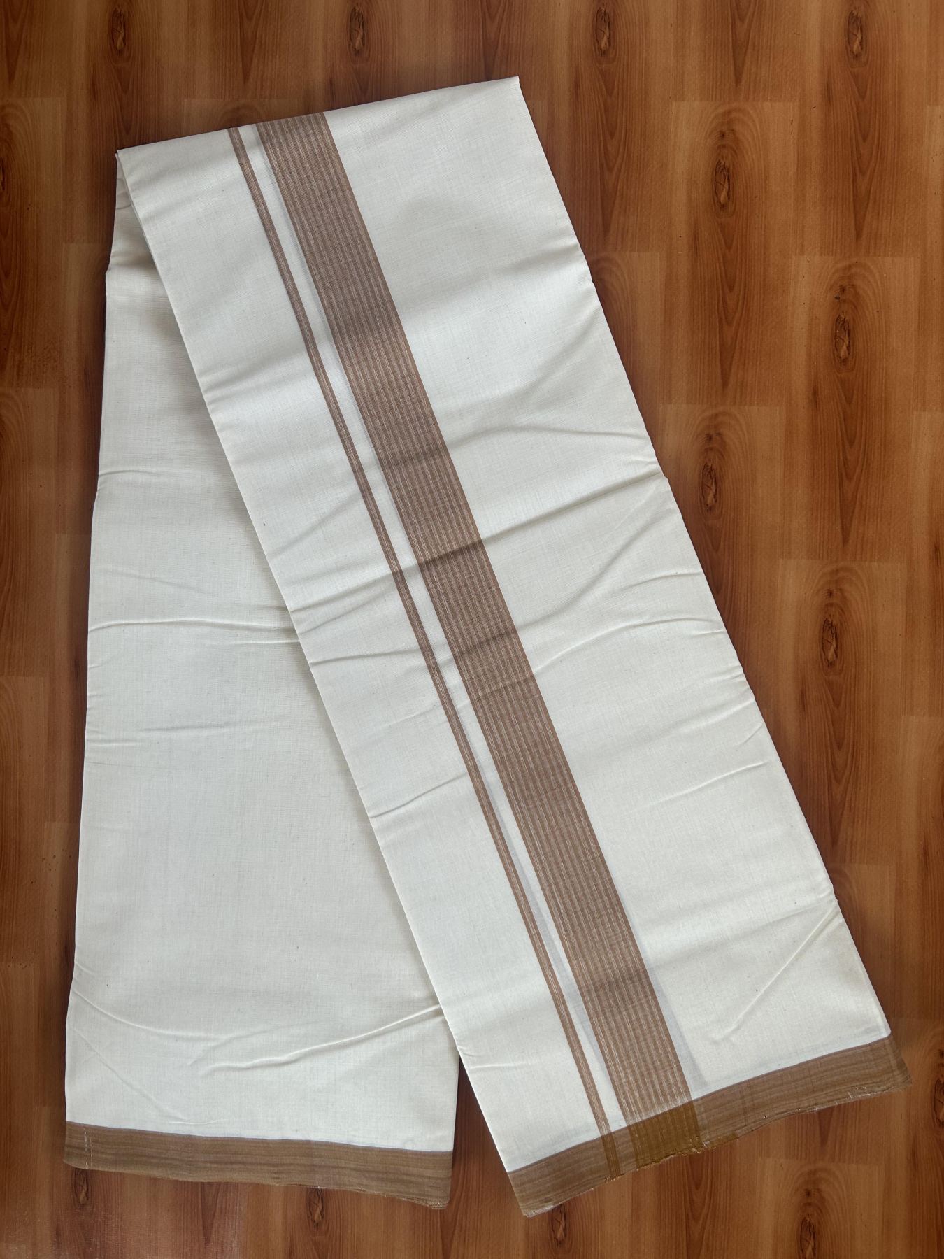 25% Discount! KaithariKada Handloom Millpaav - Kerala Handloom - Cotton Double Mundu/Dhoti Off white (Unbleached) - 80x90 - 1.25 inch Brown Shaded Stripes Kara 3.80 meter (8 Muzham) - 35 KK5383 RAM