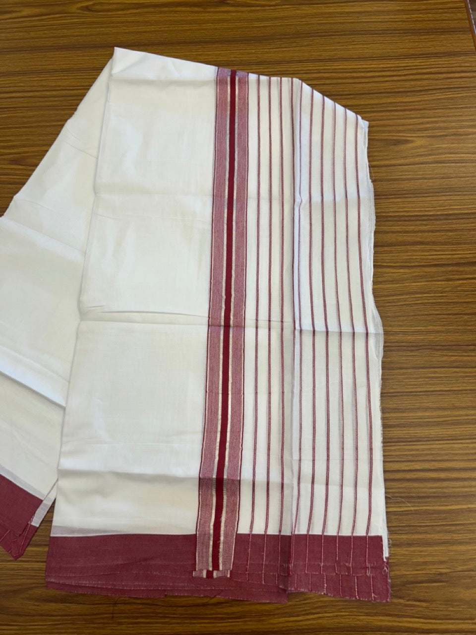 20% Discount ! KaithariKada Balaramapuram 100% Cotton Double Pure White Mundu/Dhoti - 100X80 - 6.5 inch Silver Kasav & Reddish Maroon Stripes kara 3.90 mtr (8 muzham) - 18 KK5305 PMC