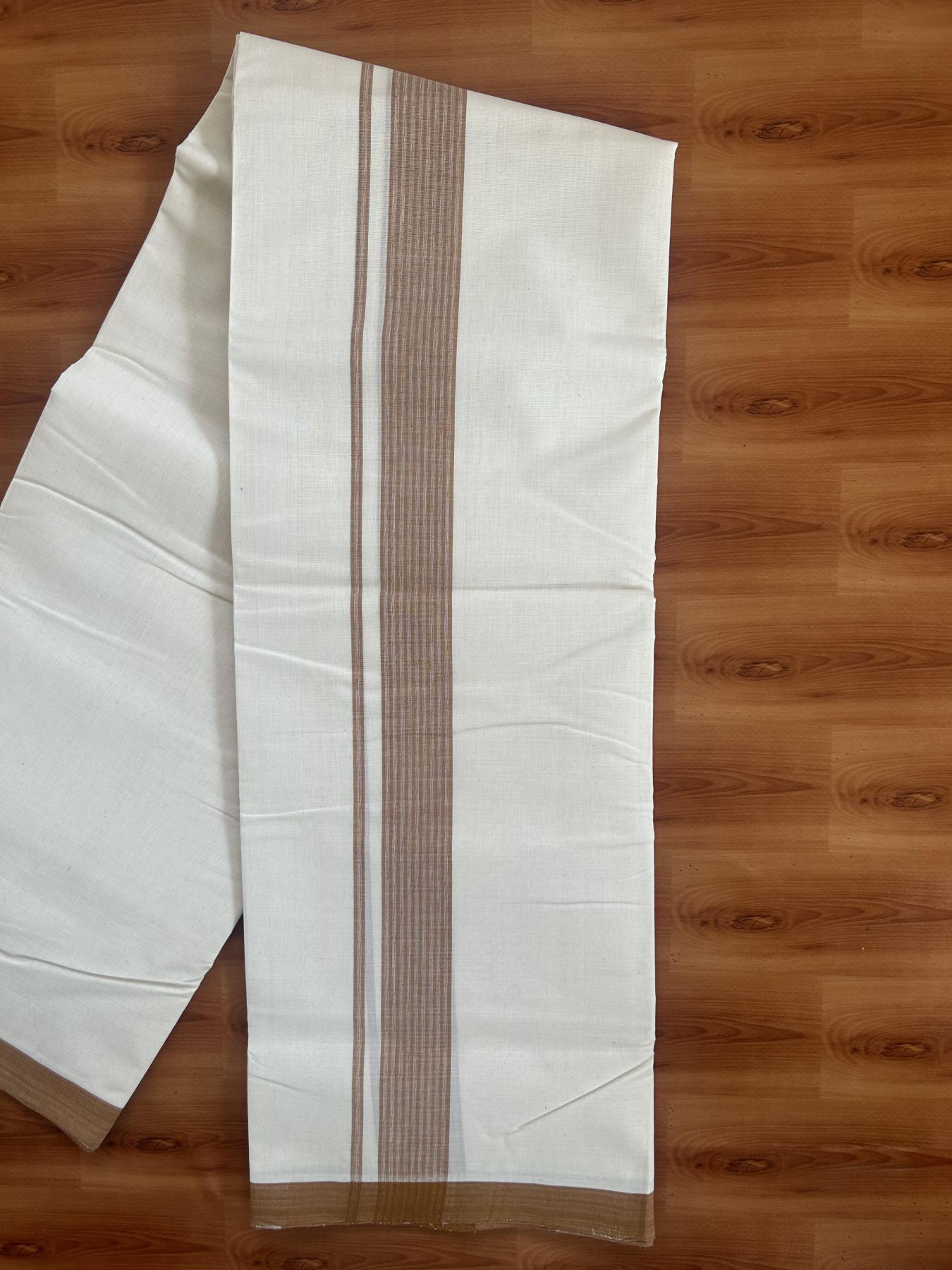 25% Discount! KaithariKada Handloom Millpaav - Kerala Handloom - Cotton Double Mundu/Dhoti Off white (Unbleached) - 80x90 - 1.25 inch Brown Shaded Stripes Kara 3.80 meter (8 Muzham) - 35 KK5383 RAM