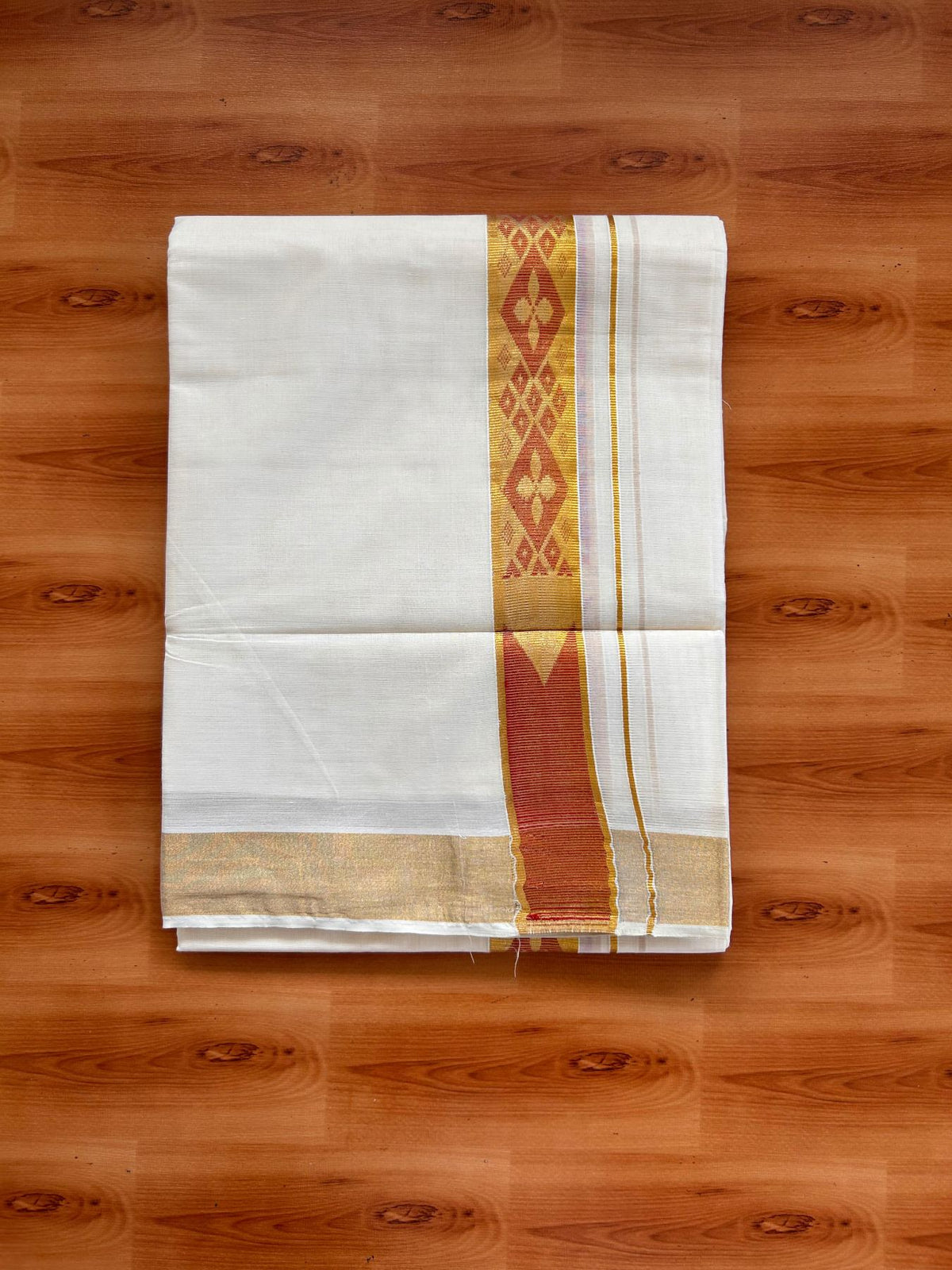 Double Off White (Unbleached) Mund/Dhoti - 20% Discount! KaithariKada Mixed Cotton - 60s - 1.5 inch Bright Red Gold Kasav Jacquard Design Chutty Kara 4 mtr (8.5 Muzham) - 9 KK5520 PMC