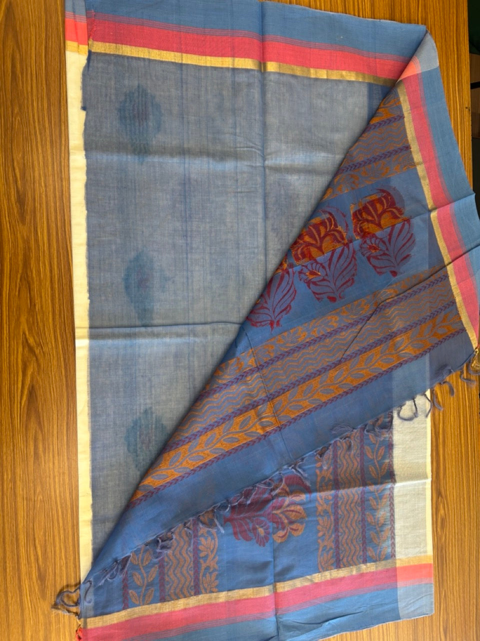 KaithariKada- HANDLOOM UNAKKUPAAV Balaramapuram  Saree - 100% PURE Cotton - Dark Peach & Blue Design - 3KK1006KK