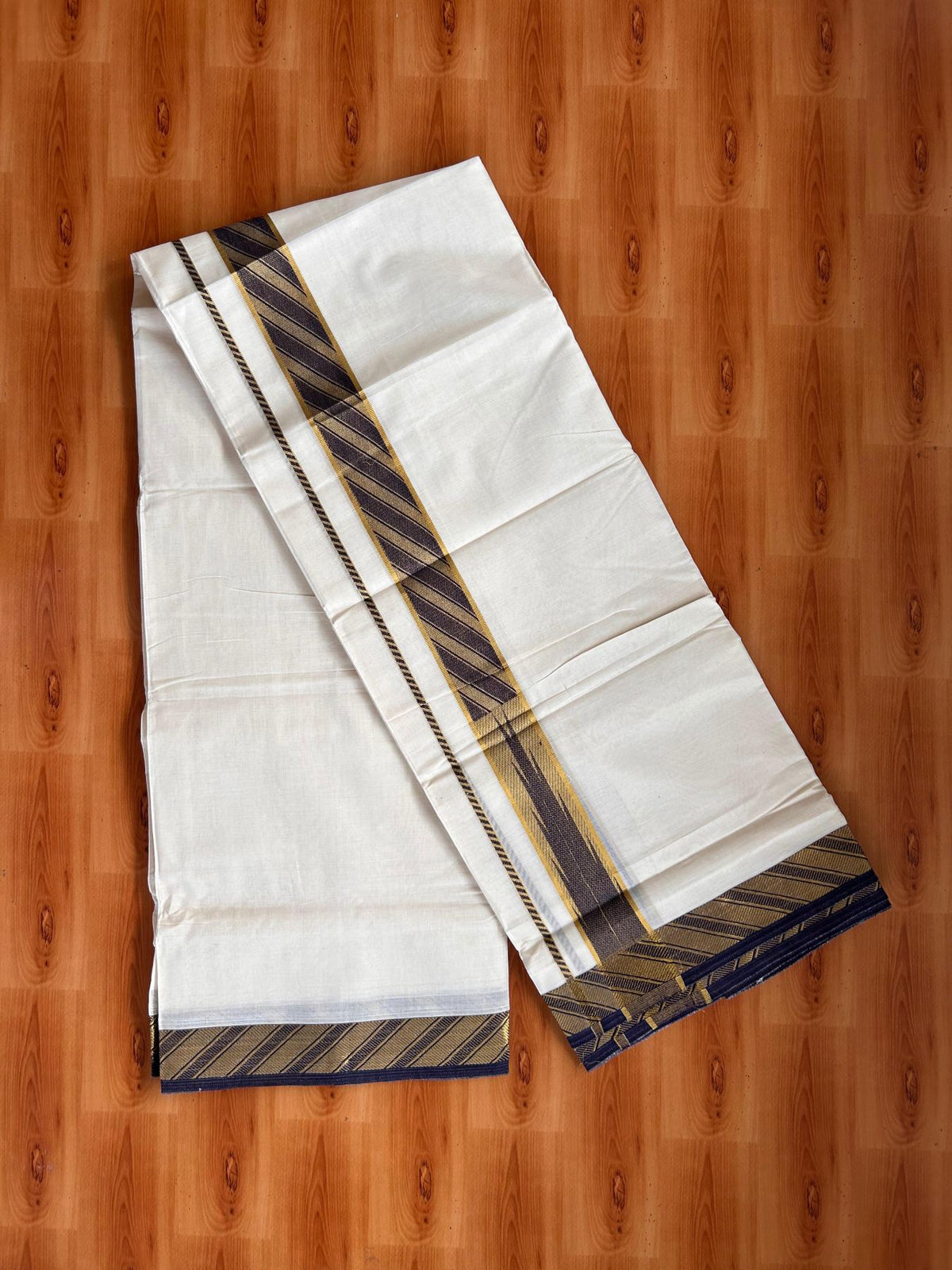 Double Off White (Unbleached) Mund/Dhoti - 20% Discount! KaithariKada 100% Cotton - 100x80- 1.75 inch Navy Blue Gold Kasav Jacquard Design Chutty Kara 4 mtr (8.5 Muzham) - 10 KK5520 PMC