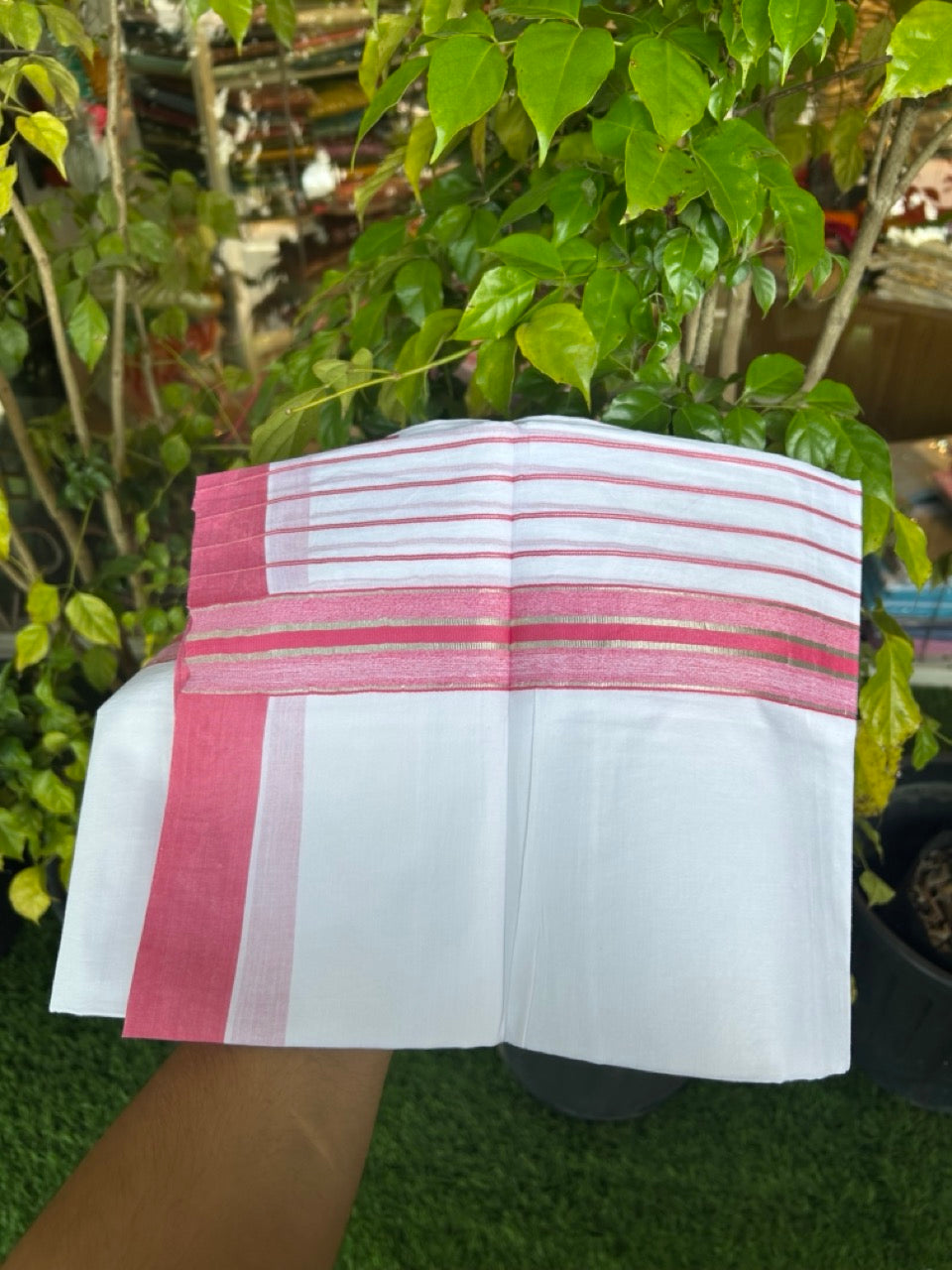 20% Discount ! KaithariKada Balaramapuram 100% Cotton Double Pure White Mundu/Dhoti - 100X80 - 6.5 inch Silver Kasav & Pink Stripes kara 3.90 mtr (8 muzham) - 17 KK5305 PMC
