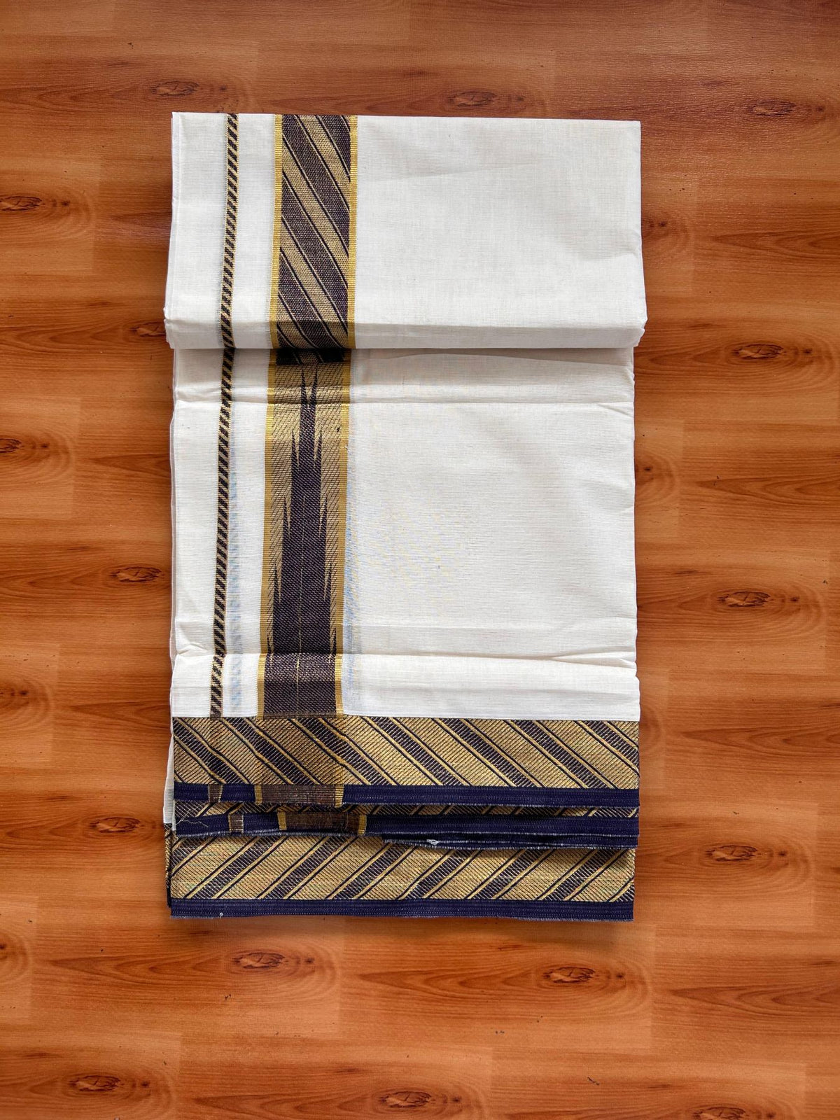 Double Off White (Unbleached) Mund/Dhoti - 20% Discount! KaithariKada 100% Cotton - 100x80- 1.75 inch Navy Blue Gold Kasav Jacquard Design Chutty Kara 4 mtr (8.5 Muzham) - 10 KK5520 PMC