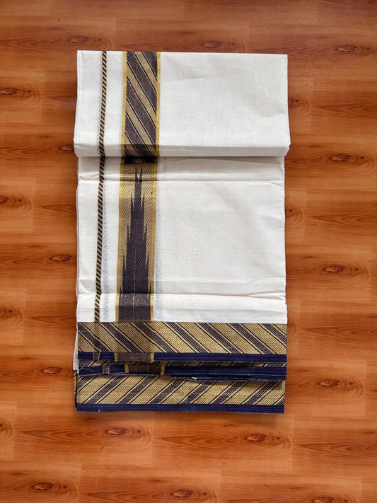 Double Off White (Unbleached) Mund/Dhoti - 20% Discount! KaithariKada 100% Cotton - 100x80- 1.75 inch Navy Blue Gold Kasav Jacquard Design Chutty Kara 4 mtr (8.5 Muzham) - 10 KK5520 PMC