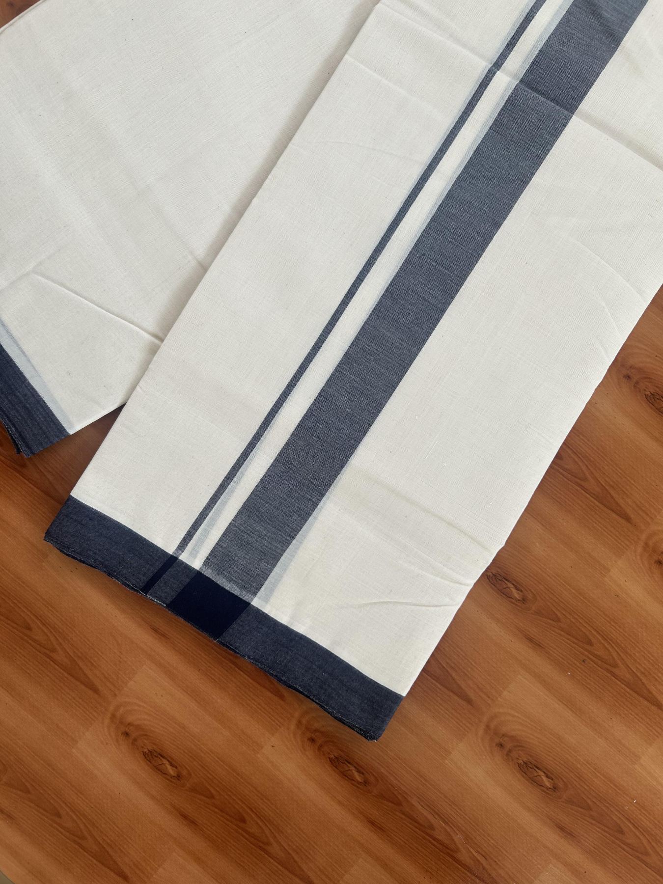 25% Discount! KaithariKada Handloom Millpaav - Kerala Handloom - Cotton Double Mundu/Dhoti Off white (Unbleached) - 80x90 - 1.25 inch Solid Navy Blue Mulloth Kara 3.60 meter (8 Muzham) - 19 KK5383 RAM