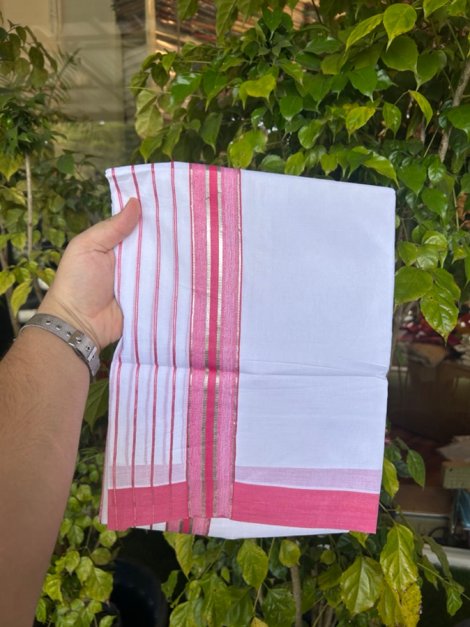 20% Discount ! KaithariKada Balaramapuram 100% Cotton Double Pure White Mundu/Dhoti - 100X80 - 6.5 inch Silver Kasav & Pink Stripes kara 3.90 mtr (8 muzham) - 17 KK5305 PMC