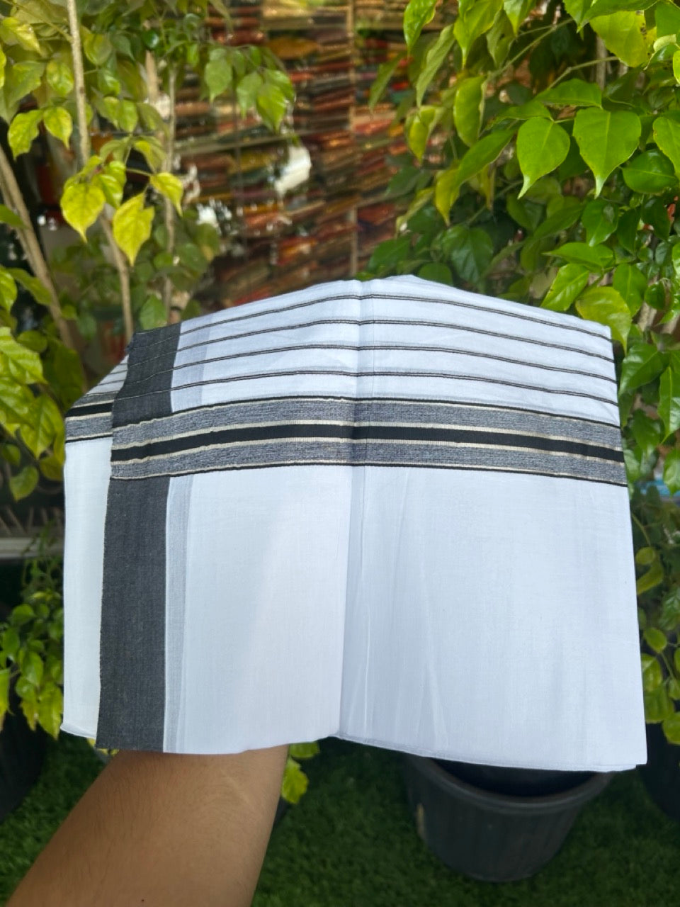 20% Discount ! KaithariKada Balaramapuram 100% Cotton Double Pure White Mundu/Dhoti - 100X80 - 6.5 inch Silver Kasav & Black Stripes kara 3.90 mtr (8 muzham) - 16 KK5305 PMC
