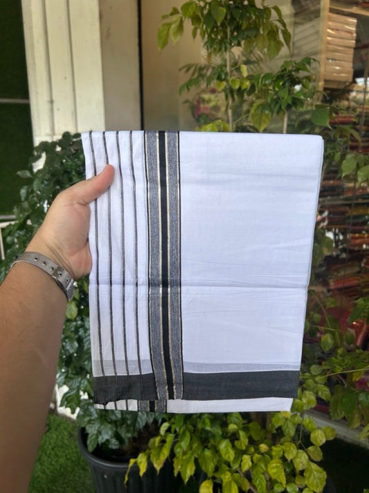 20% Discount ! KaithariKada Balaramapuram 100% Cotton Double Pure White Mundu/Dhoti - 100X80 - 6.5 inch Silver Kasav & Black Stripes kara 3.90 mtr (8 muzham) - 16 KK5305 PMC