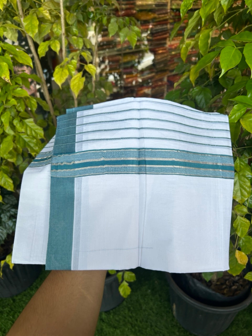 20% Discount ! KaithariKada Balaramapuram 100% Cotton Double Pure White Mundu/Dhoti - 100X80 - 6.5 inch Silver Kasav & Peacock Blue Stripes kara 3.90 mtr (8 muzham) - 15 KK5305 PMC