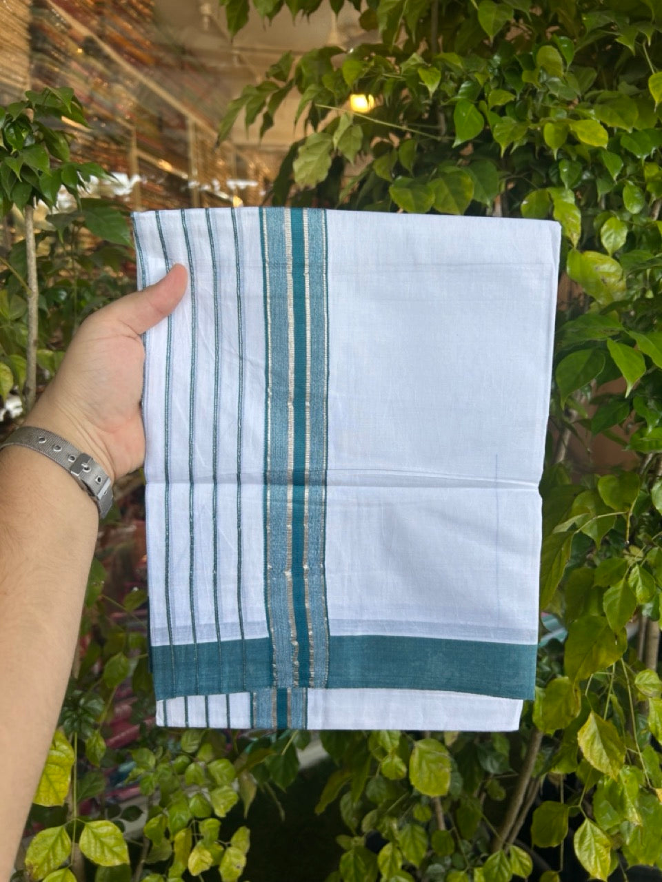 20% Discount ! KaithariKada Balaramapuram 100% Cotton Double Pure White Mundu/Dhoti - 100X80 - 6.5 inch Silver Kasav & Peacock Blue Stripes kara 3.90 mtr (8 muzham) - 15 KK5305 PMC