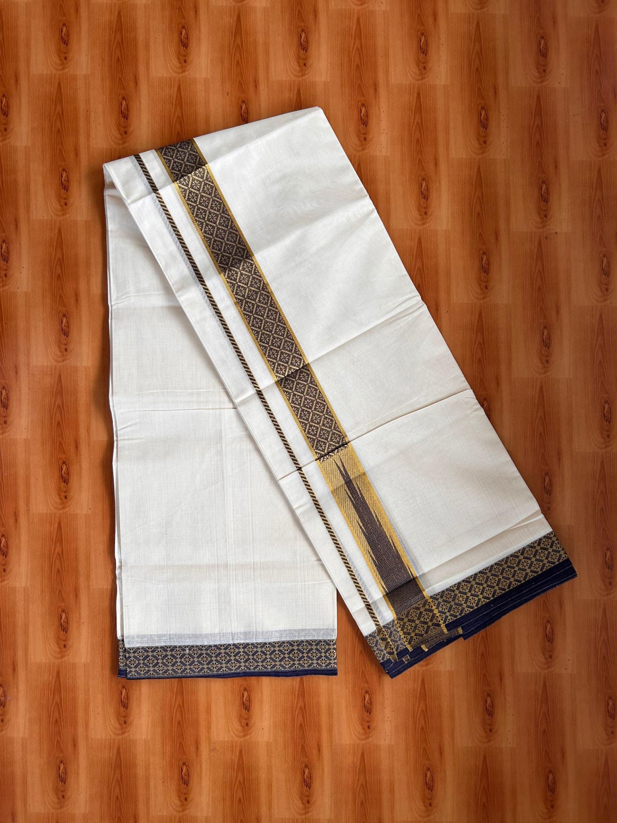 Double Off White (Unbleached) Mund/Dhoti - 20% Discount! KaithariKada 100% Cotton - 100x80- 1.75 inch Navy Blue Gold Kasav Jacquard Design Chutty Kara 4 mtr (8.5 Muzham) - 12 KK5520 PMC