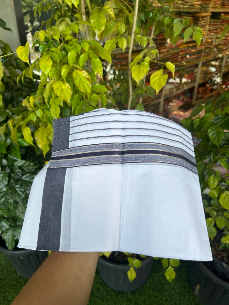 20% Discount ! KaithariKada Balaramapuram 100% Cotton Double Pure White Mundu/Dhoti - 100X80 - 6.5 inch Silver Kasav & Navy Blue Stripes kara 3.90 mtr (8 muzham) - 14 KK5305 PMC