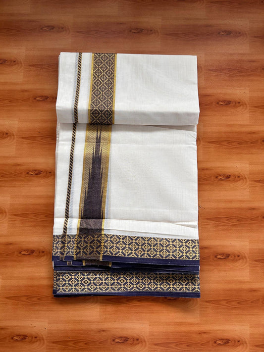Double Off White (Unbleached) Mund/Dhoti - 20% Discount! KaithariKada 100% Cotton - 100x80- 1.75 inch Navy Blue Gold Kasav Jacquard Design Chutty Kara 4 mtr (8.5 Muzham) - 12 KK5520 PMC