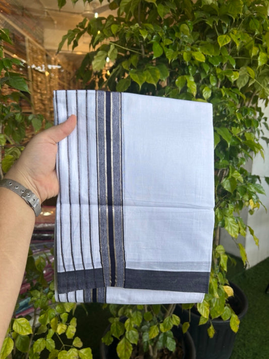 20% Discount ! KaithariKada Balaramapuram 100% Cotton Double Pure White Mundu/Dhoti - 100X80 - 6.5 inch Silver Kasav & Navy Blue Stripes kara 3.90 mtr (8 muzham) - 14 KK5305 PMC